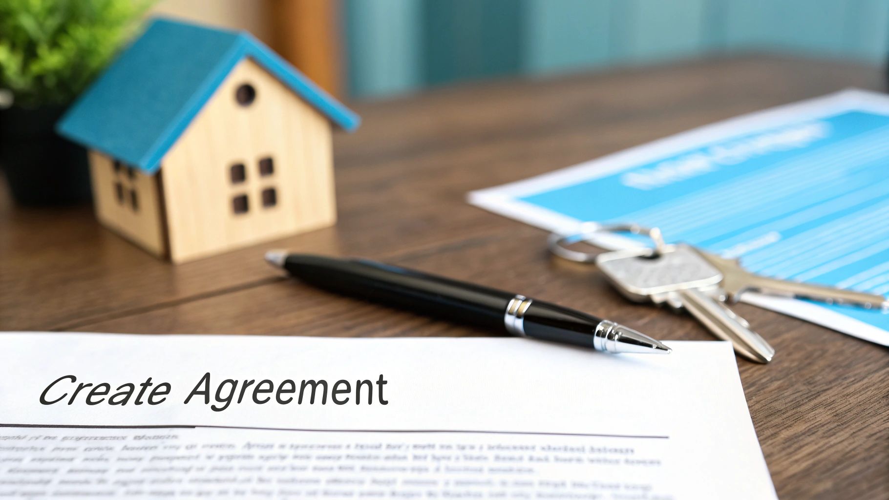 A miniature house, keys, pen, and document with 'Create Agreement' on a wooden desk, symbolizing real estate.