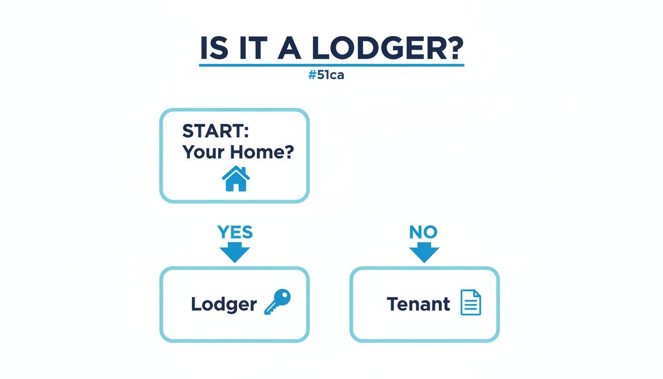 A flowchart titled 'IS IT A LODGER?' distinguishing between a lodger and a tenant based on home occupancy.
