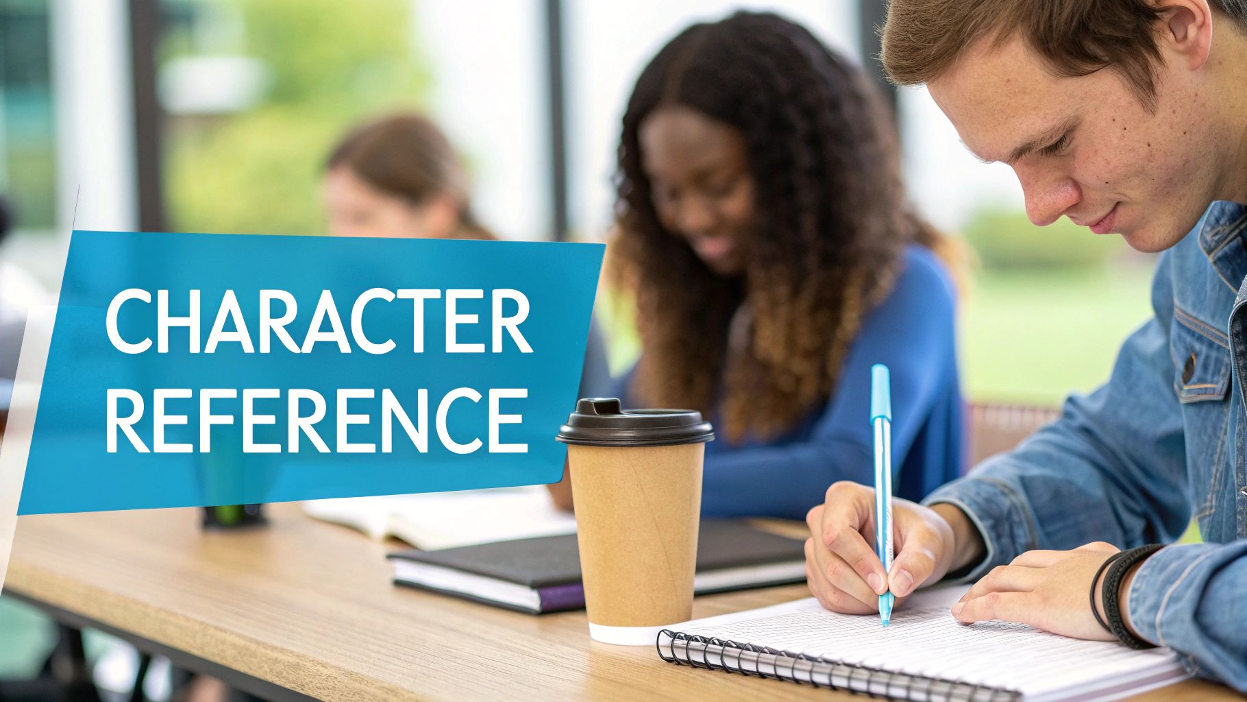 Young people are studying or working, with a prominent blue banner displaying "CHARACTER REFERENCE."