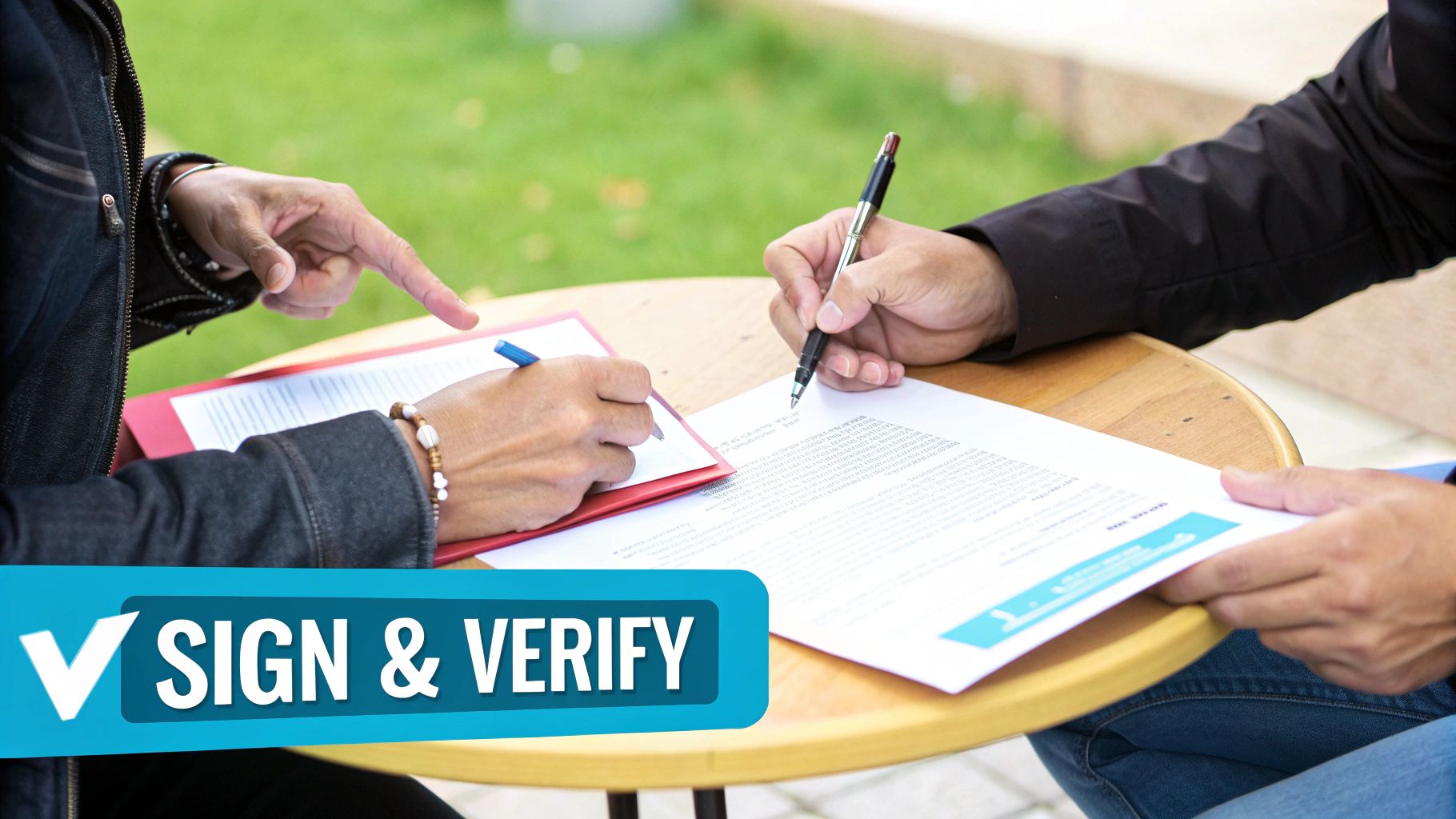 Two people outdoors, one pointing while the other signs a document, with a 'SIGN & VERIFY' banner.