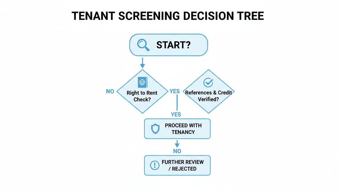 Flowchart detailing a tenant screening decision tree process from start to rejection or tenancy.