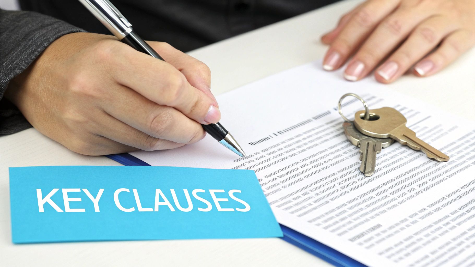 Close-up of a person signing a legal document, with keys and 'KEY CLAUSES' text on a blue note.