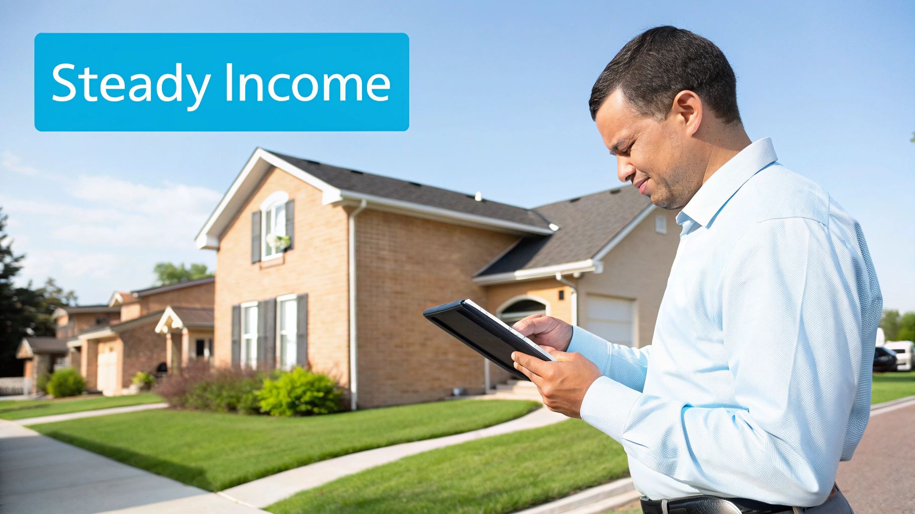 A man uses a tablet in front of suburban houses with "Steady Income" text.