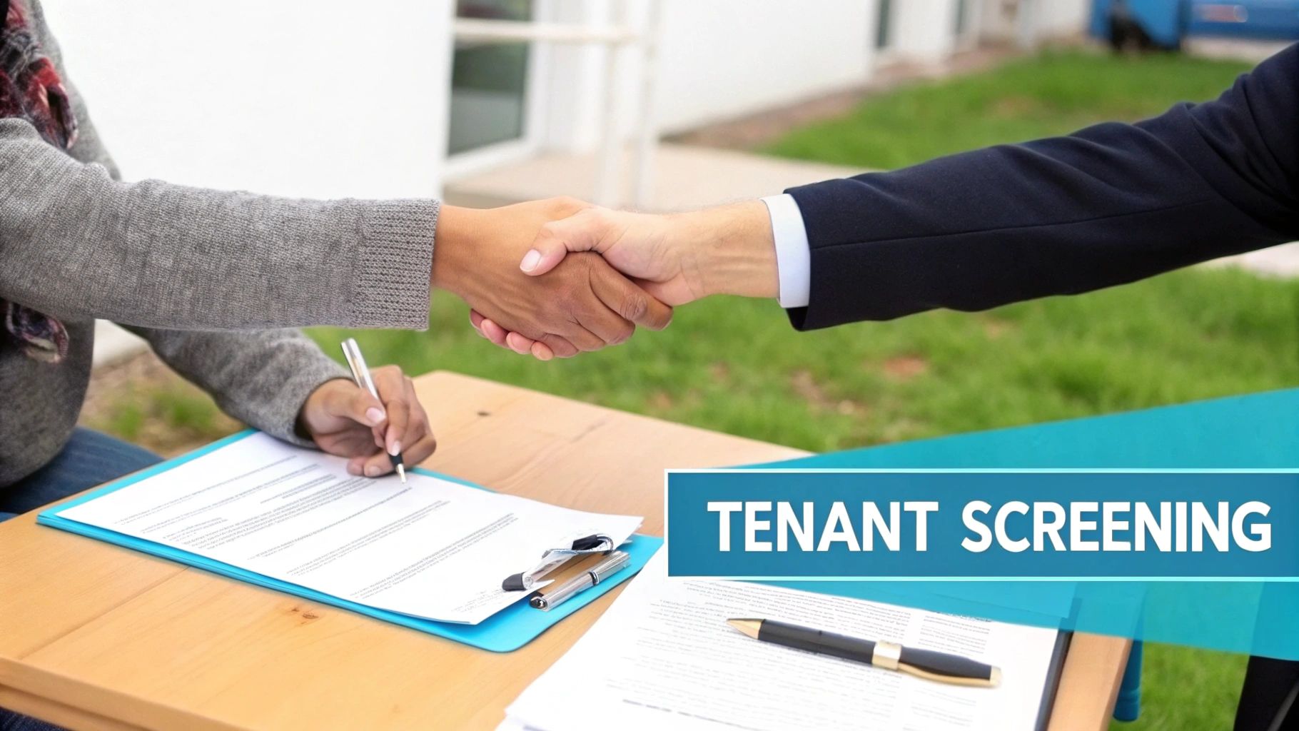 Two people shaking hands over a table with documents, one person signing a rental agreement, with 'TENANT SCREENING' text.