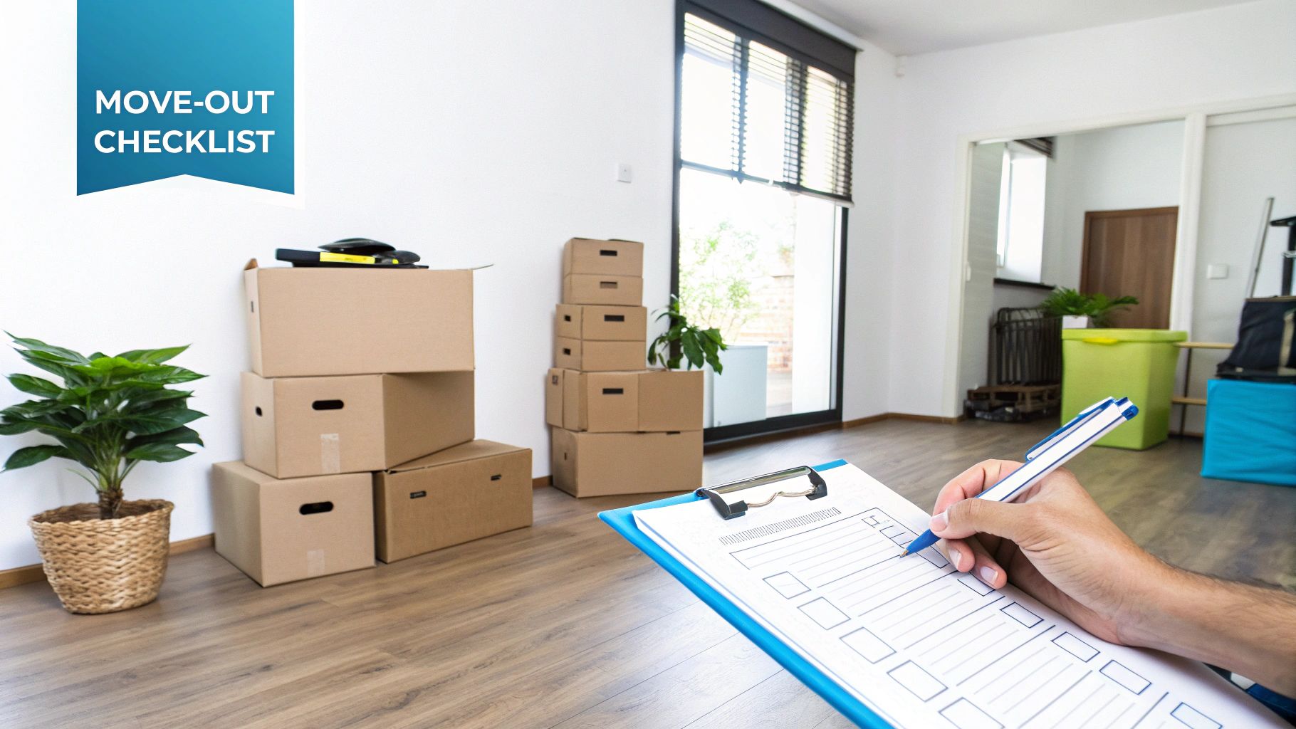 Hand checking a move-out checklist on a clipboard with packed moving boxes in a bright room.