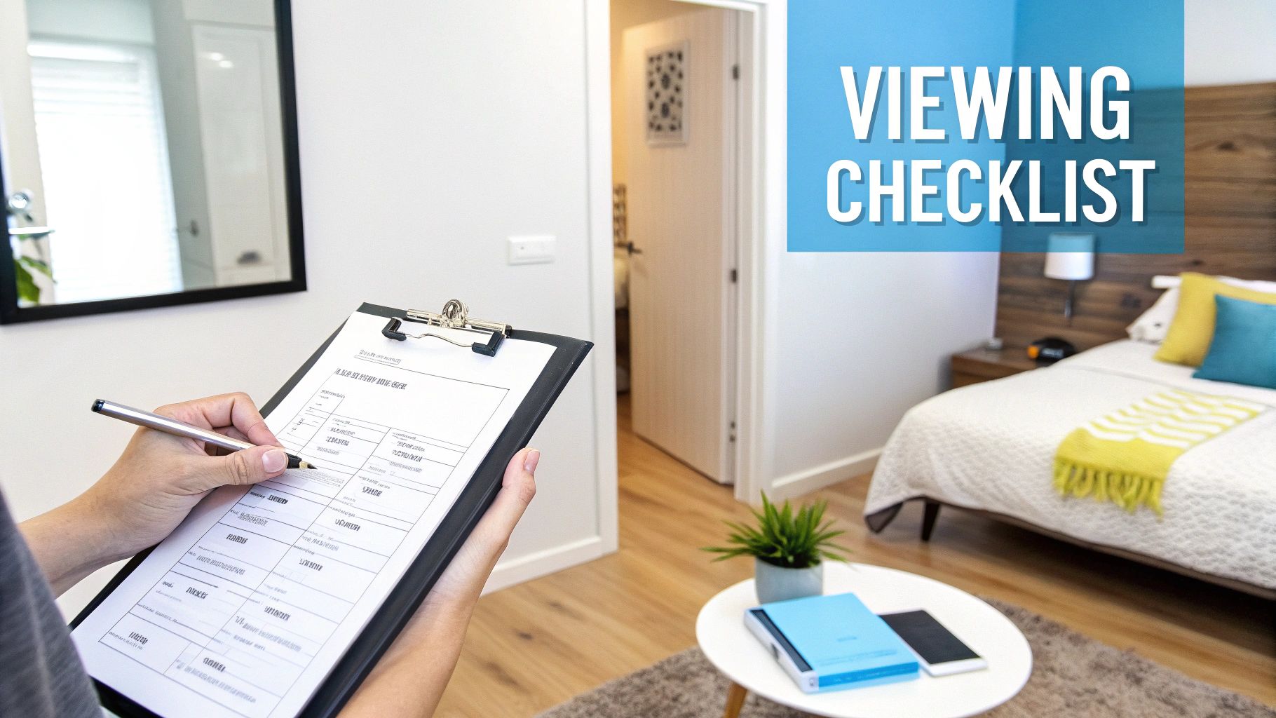 A person inspecting a modern ensuite bathroom during a room viewing