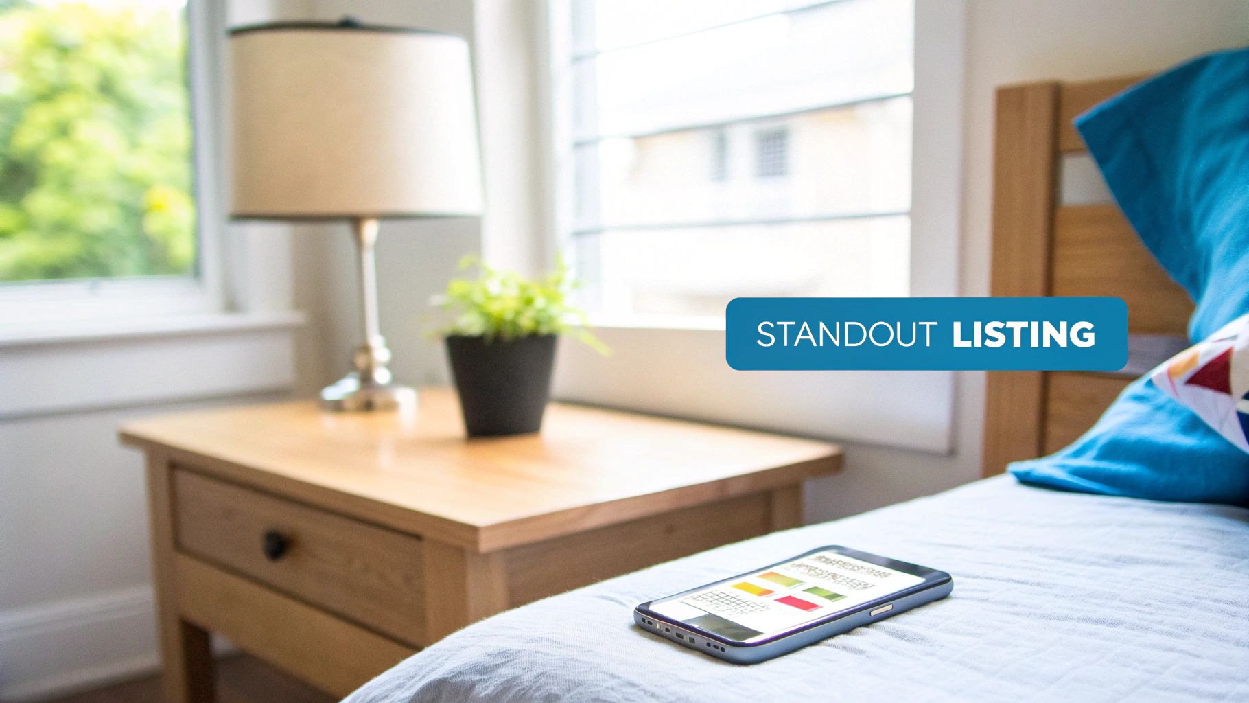 Modern bedroom with smartphone displaying rental app on bed, lamp and plant on nightstand