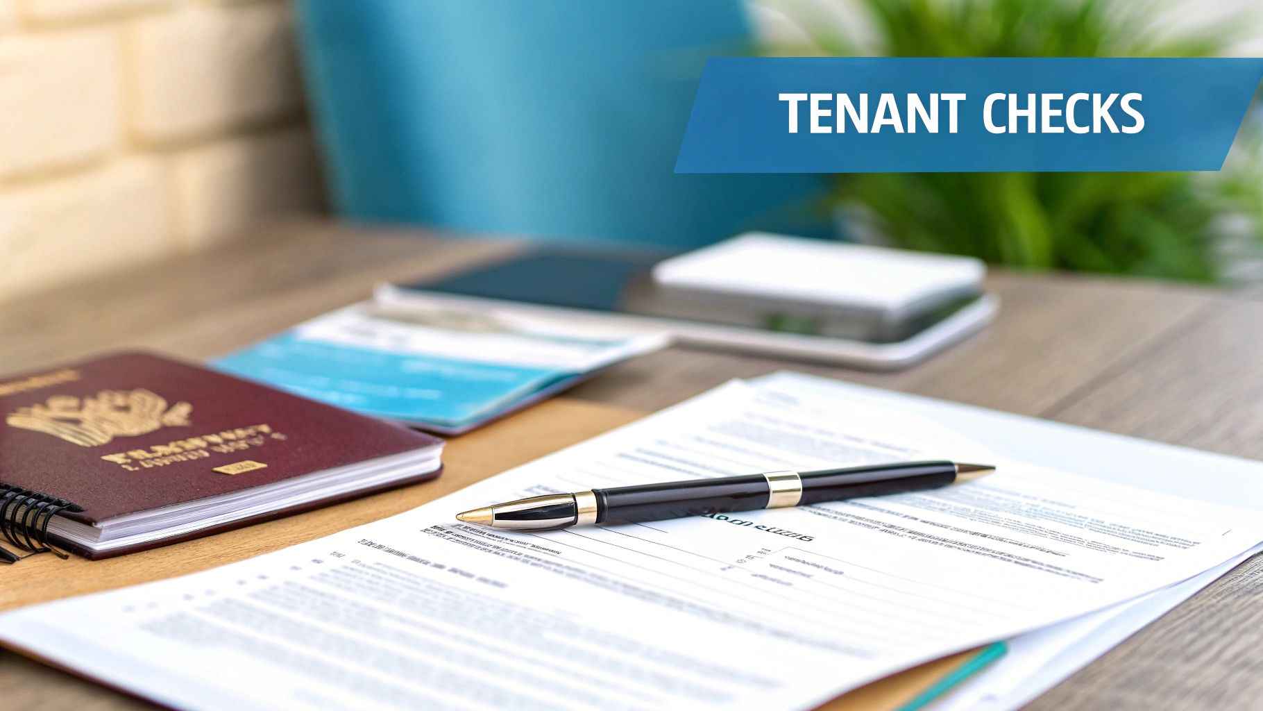 Documents, a passport-like notebook, and a pen on a wooden table, with a 'TENANT CHECKS' banner.
