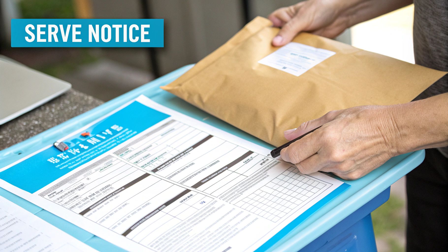Hands holding a package and pen, signing a document on a tray with 'SERVE NOTICE' text.