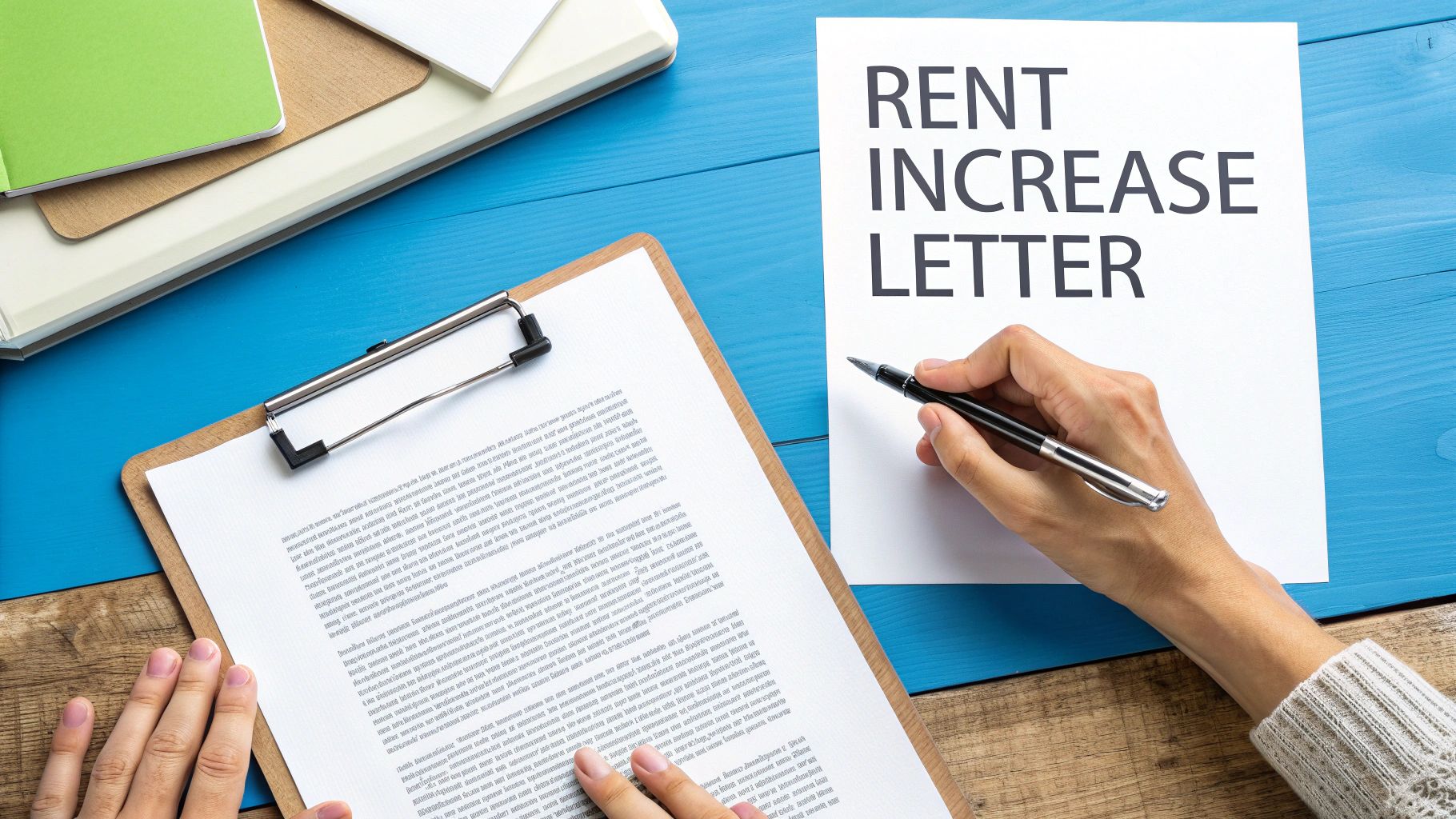 A hand writing on a 'RENT INCREASE LETTER' document, with a clipboard and notebooks on a blue wooden desk.