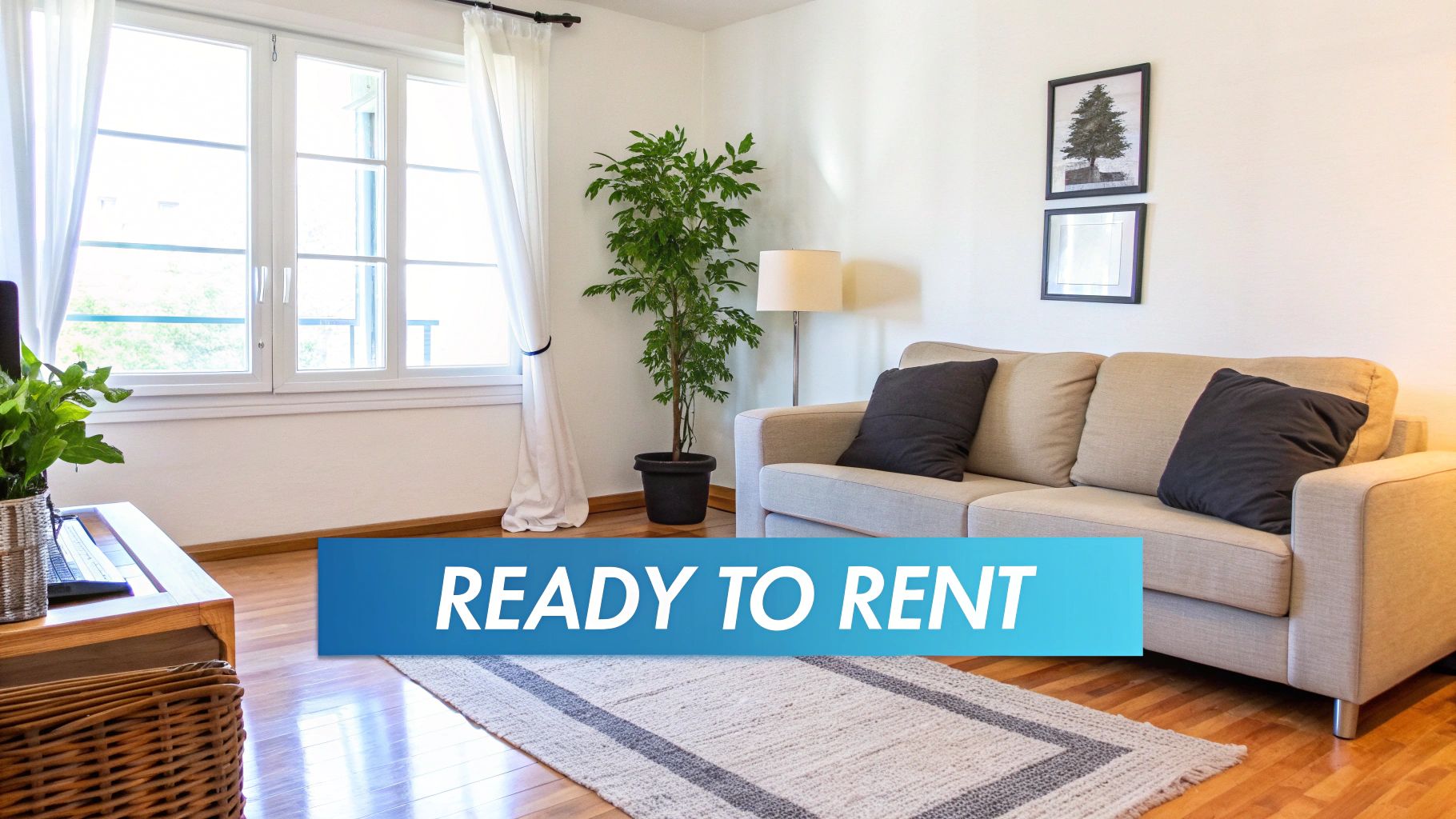 A bright, furnished living room with a beige sofa, large window, potted plant, and a 'READY TO RENT' banner.