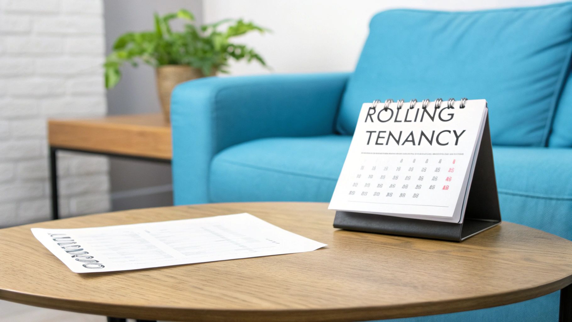 A desk calendar displaying 'Rolling Tenancy' on a wooden table, next to a document and a blue couch.