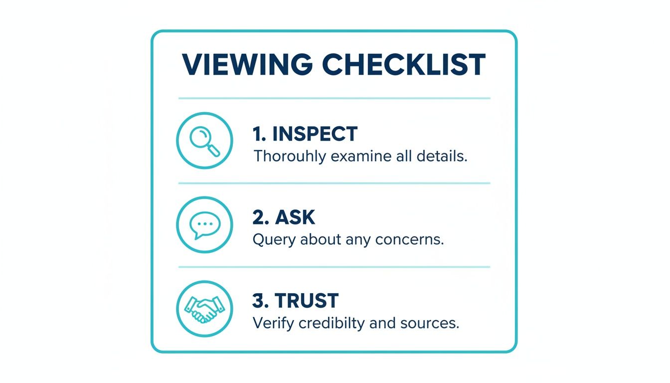 A viewing checklist with three steps: inspect (magnifying glass), ask (speech bubble), and trust (handshake).