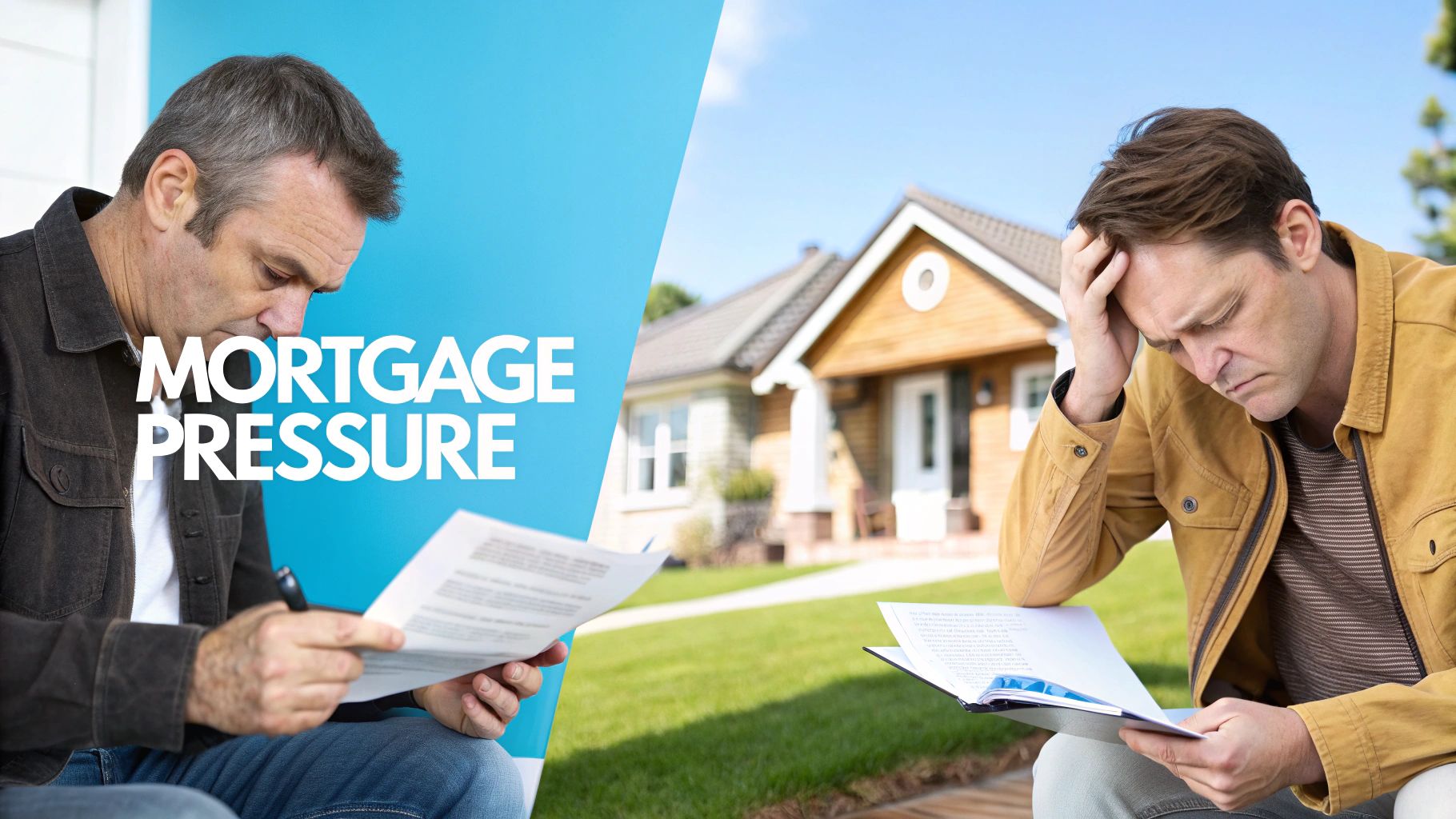 Two men appear stressed while reviewing mortgage documents, one with text 'MORTGAGE PRESSURE'.
