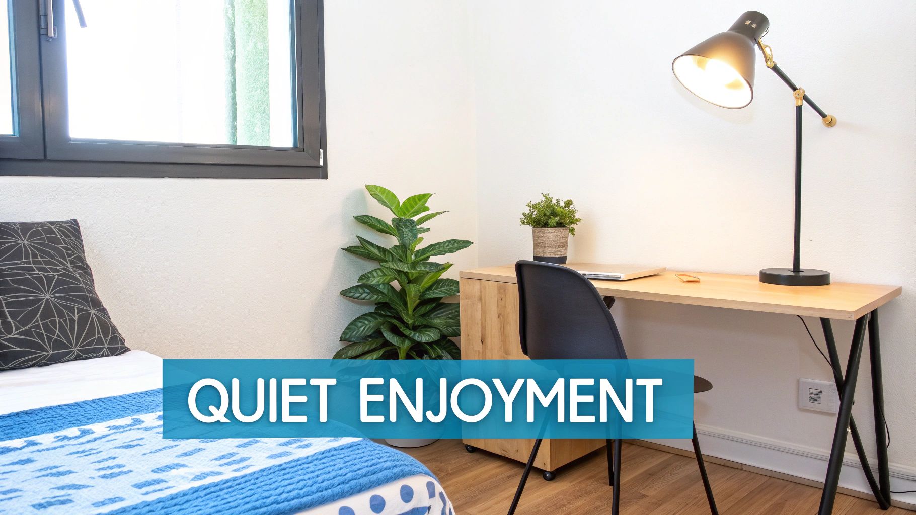A serene room corner with a bright desk, lamp, chair, bed, and plants, promoting quiet enjoyment.