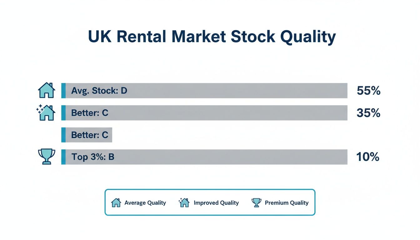 Bar chart illustrating UK rental market stock quality distribution by EPC rating, showing percentages for average, better, and top quality.