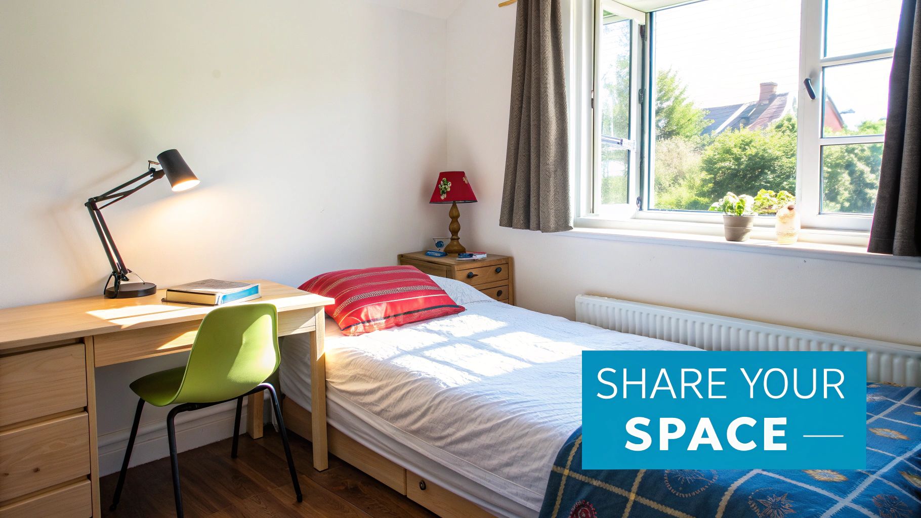 Cozy single room with a bed, desk, green chair, and window view, ideal for students.