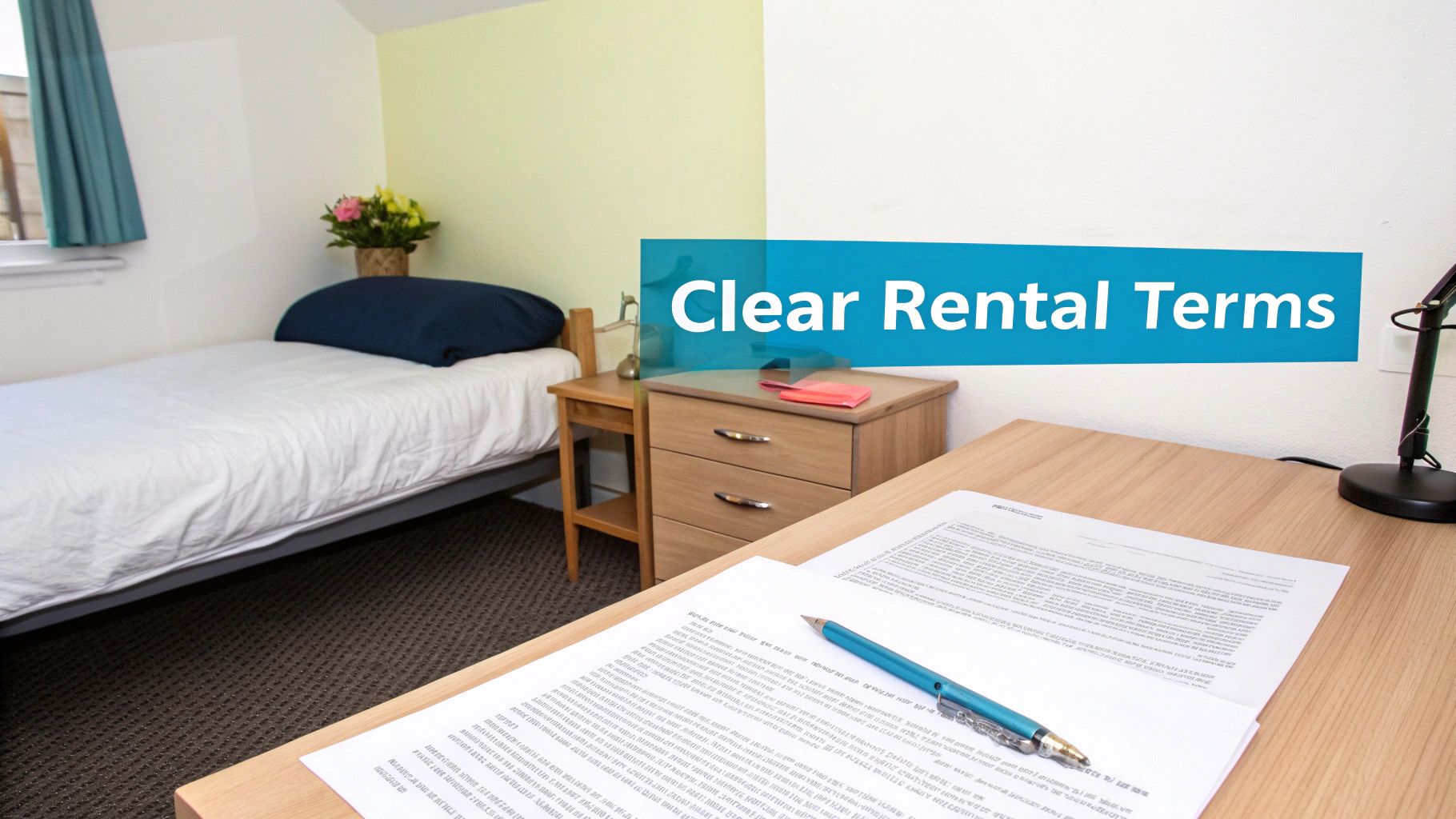 A simple bedroom with a single bed and a desk, overlaid with a 'Clear Rental Terms' banner.