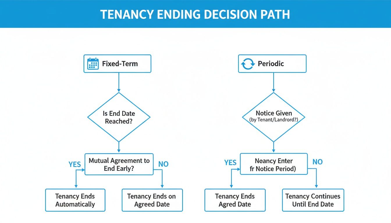 Flowchart explaining how fixed-term and periodic tenancies end based on end dates, mutual agreements, or notice.