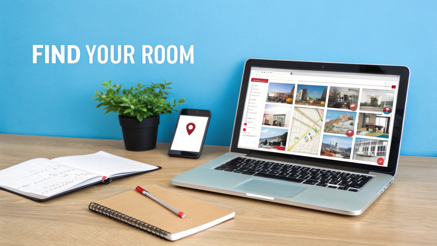 A laptop and smartphone on a desk display room listings for rent, with text 'FIND YOUR ROOM'.