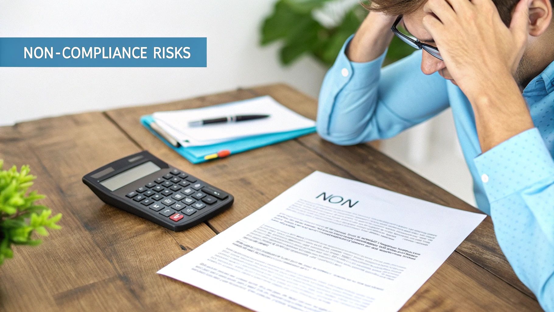 Stressed man reviewing 'NON-COMPLIANCE RISKS' documents with a calculator on a wooden desk.