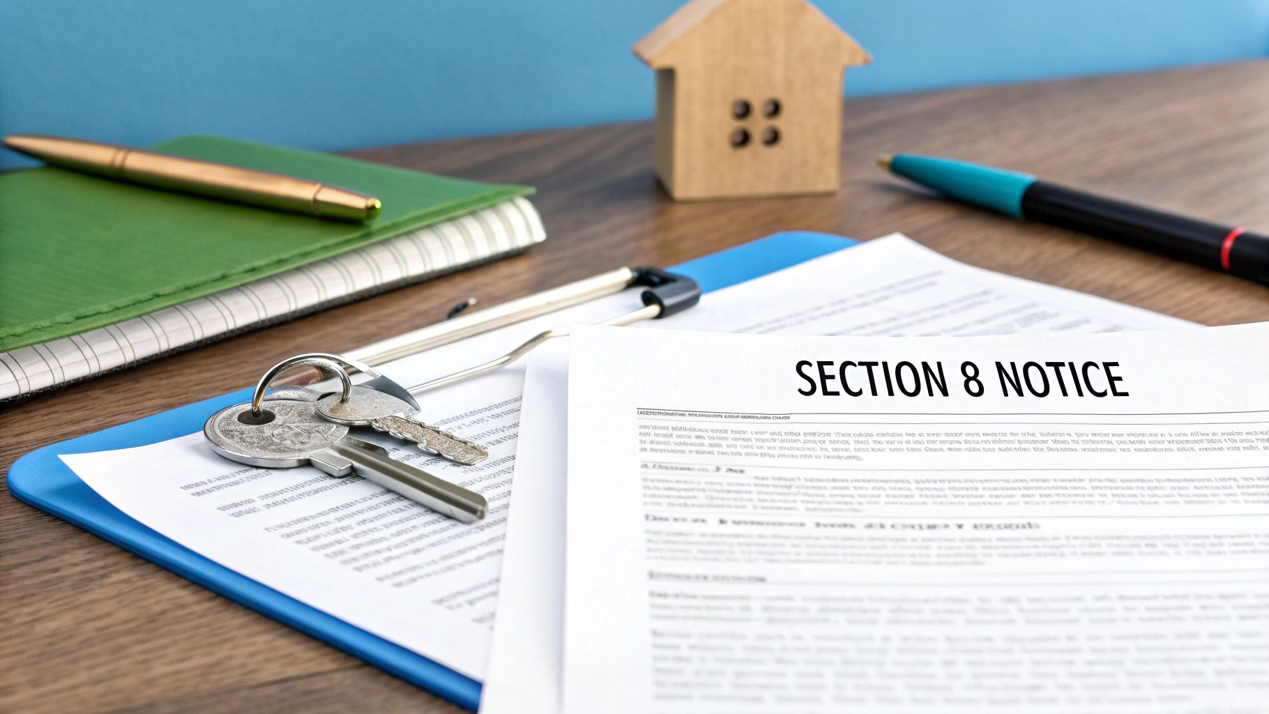 A close-up of a Section 8 notice with house keys and a wooden house model on a desk.