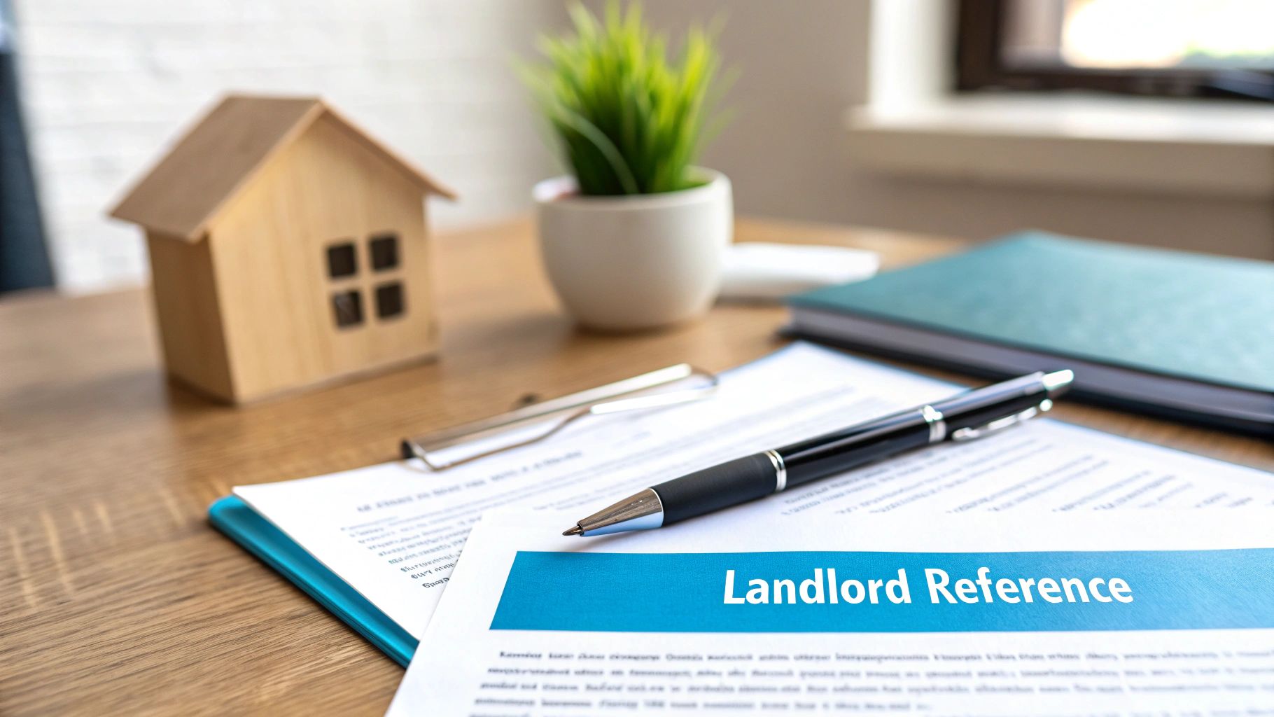 A document titled 'Landlord Reference' with a pen, a miniature house, and a plant on a wooden desk.