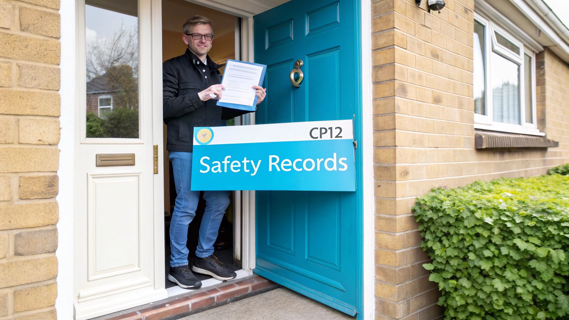 A smiling man in glasses stands in a doorway, holding a document near a "Safety Records" sign.