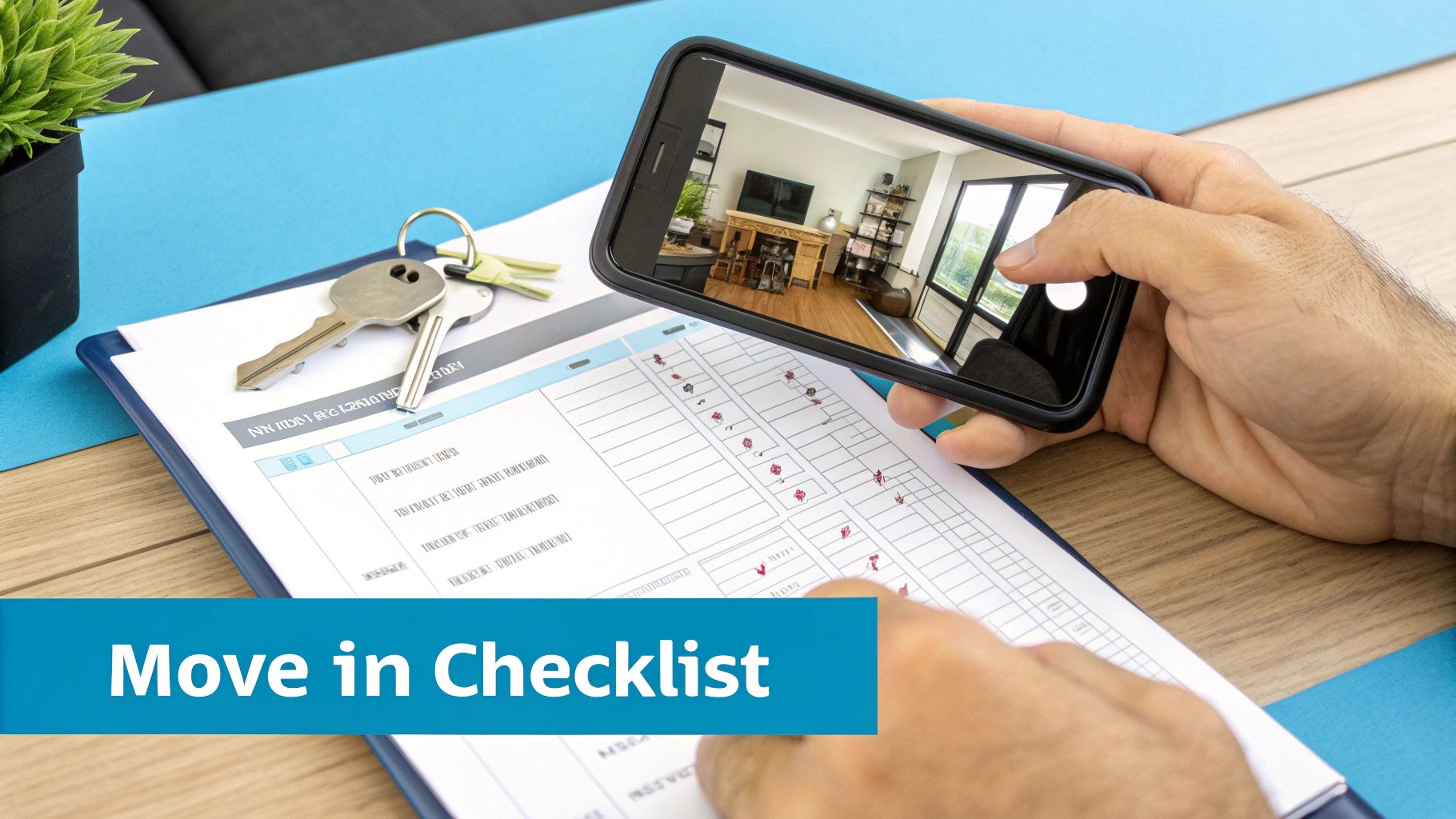 Person holding smartphone showing property interior photo above move in checklist and keys