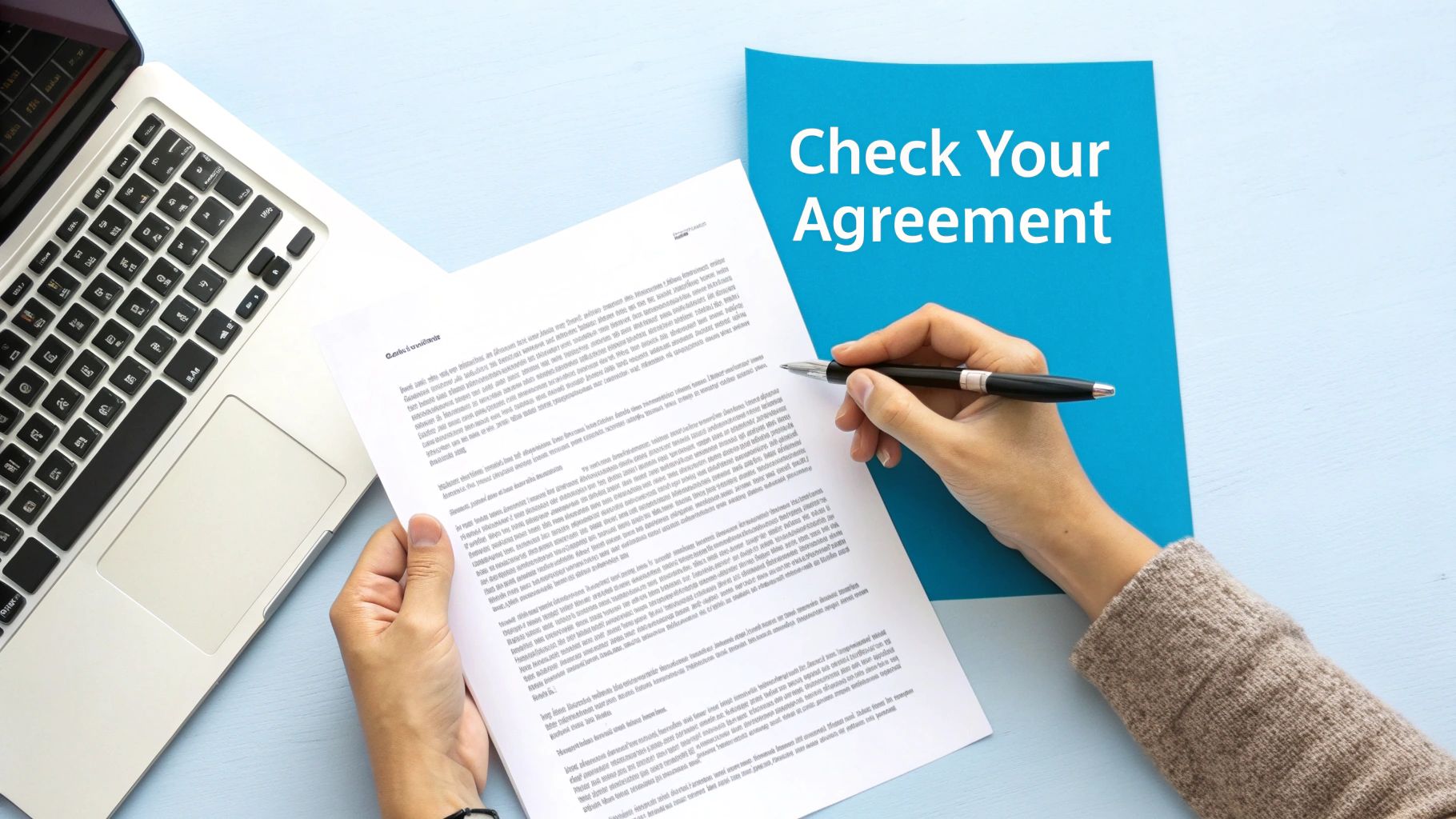 A person reviews a legal agreement with a pen, next to a laptop and a blue folder.