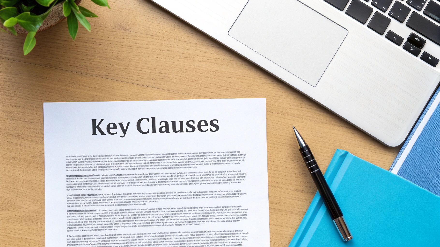 Flat lay of a document titled 'Key Clauses' next to a laptop, pen, and blue notebook on a wooden desk.