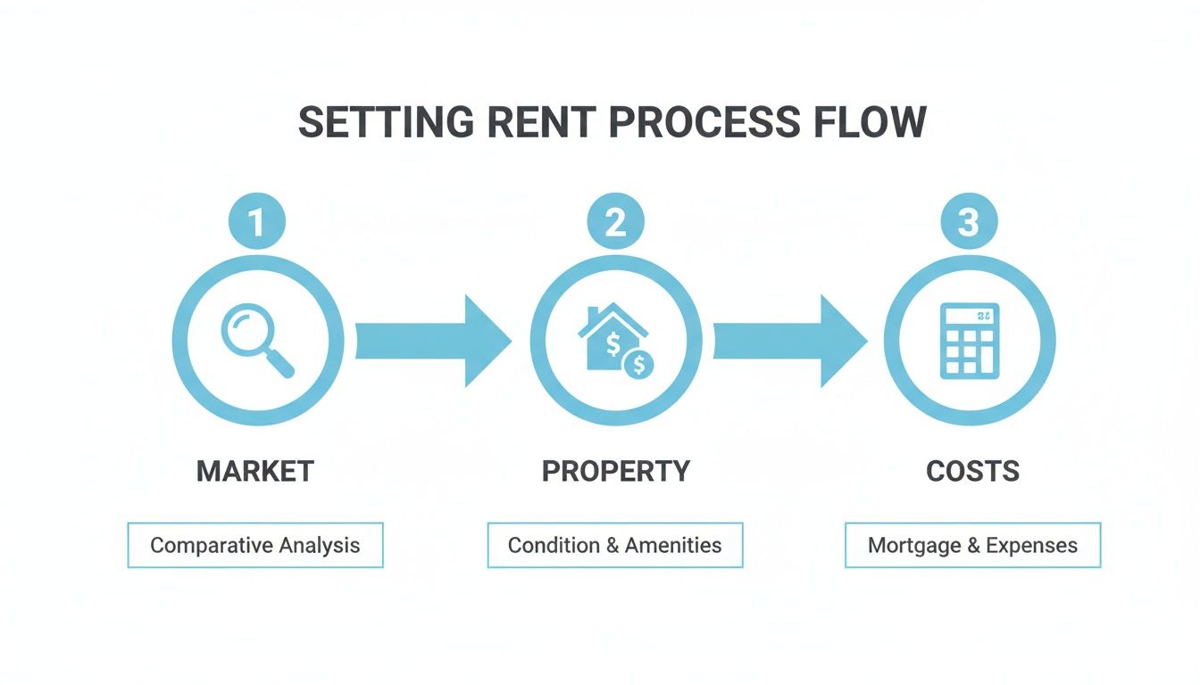 A three-step process flow for setting rent, including market analysis, property evaluation, and cost calculation.