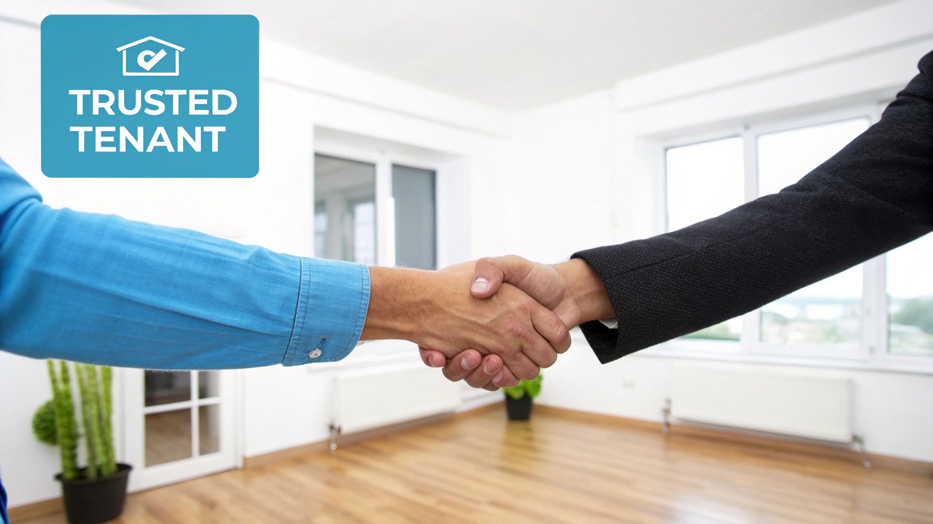 A landlord and tenant shaking hands, signifying a successful rental agreement.