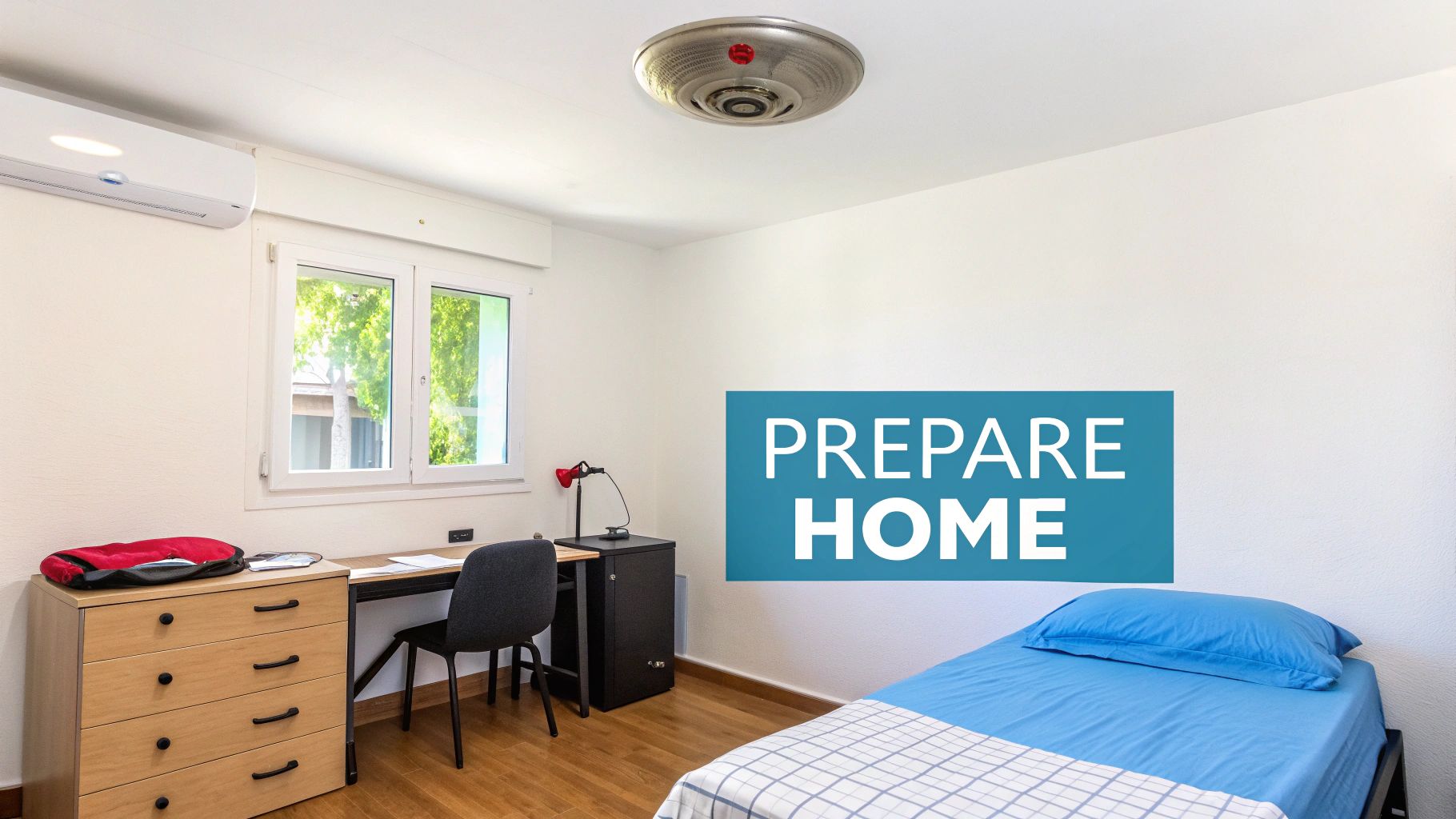 A neatly prepared bedroom with a made bed, desk, and chair, ready for a new lodger.