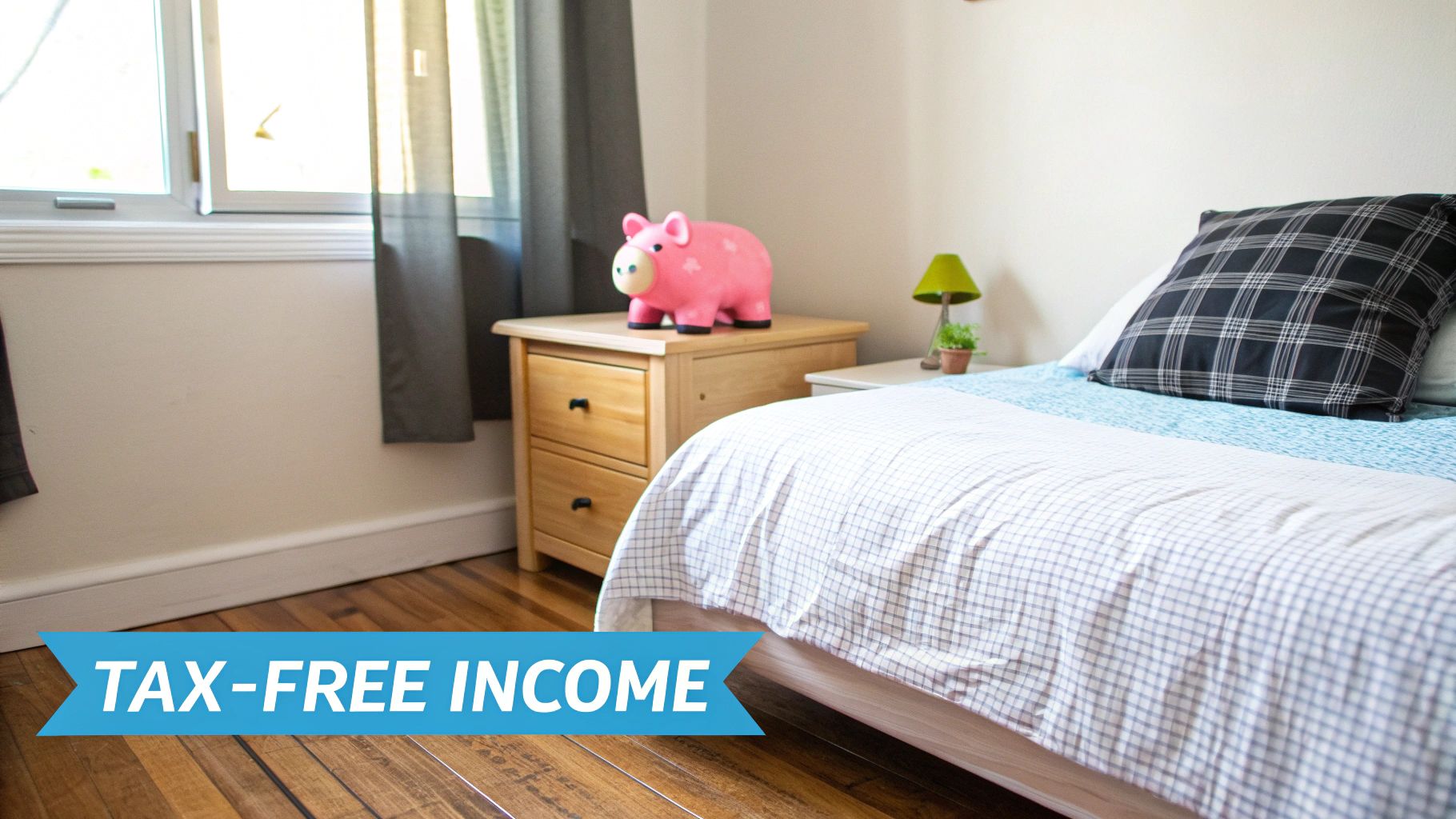 A cozy bedroom with a bed, a wooden nightstand, a pink piggy bank, and a bright window.