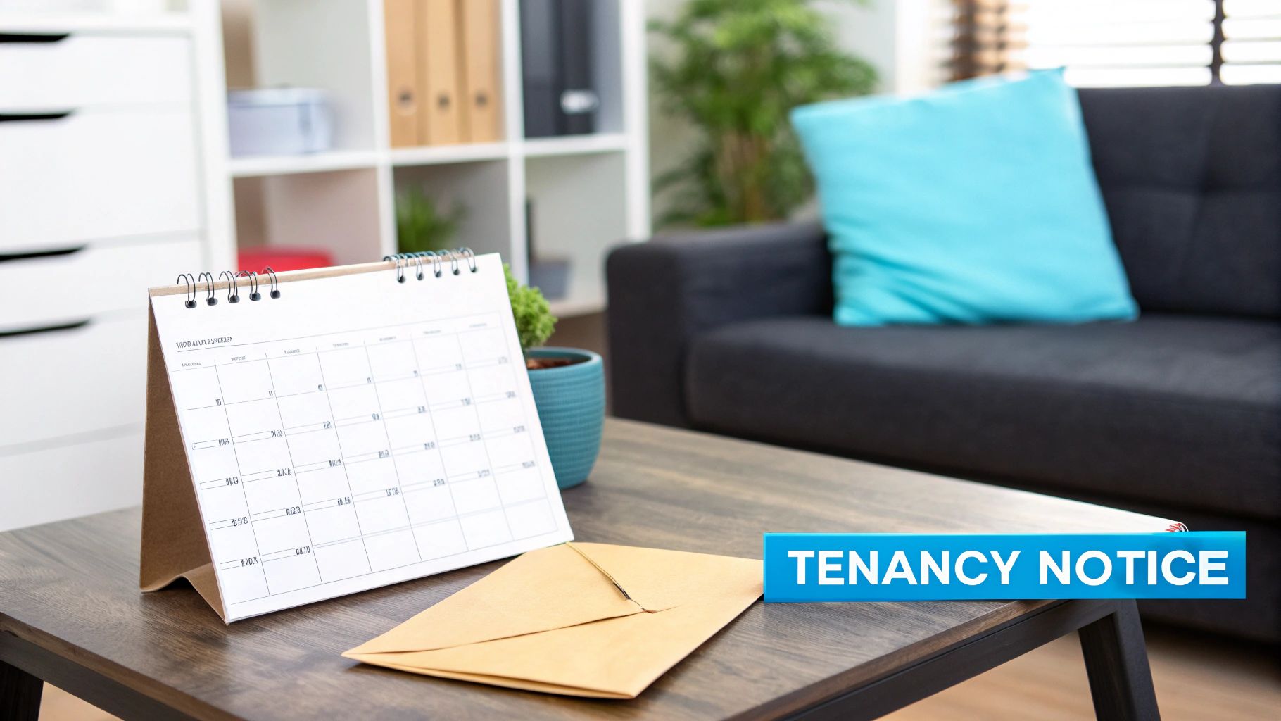 A desk calendar, an envelope, and a 'Tenancy Notice' sign on a wooden table.