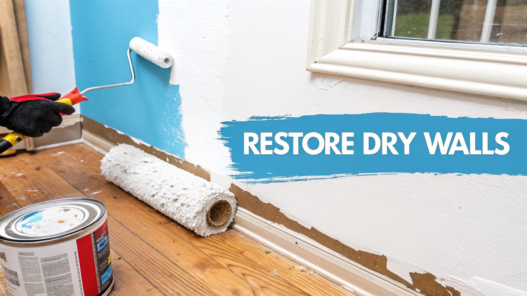 A close-up of a damp patch on a plaster wall, showing bubbling paint and discolouration.