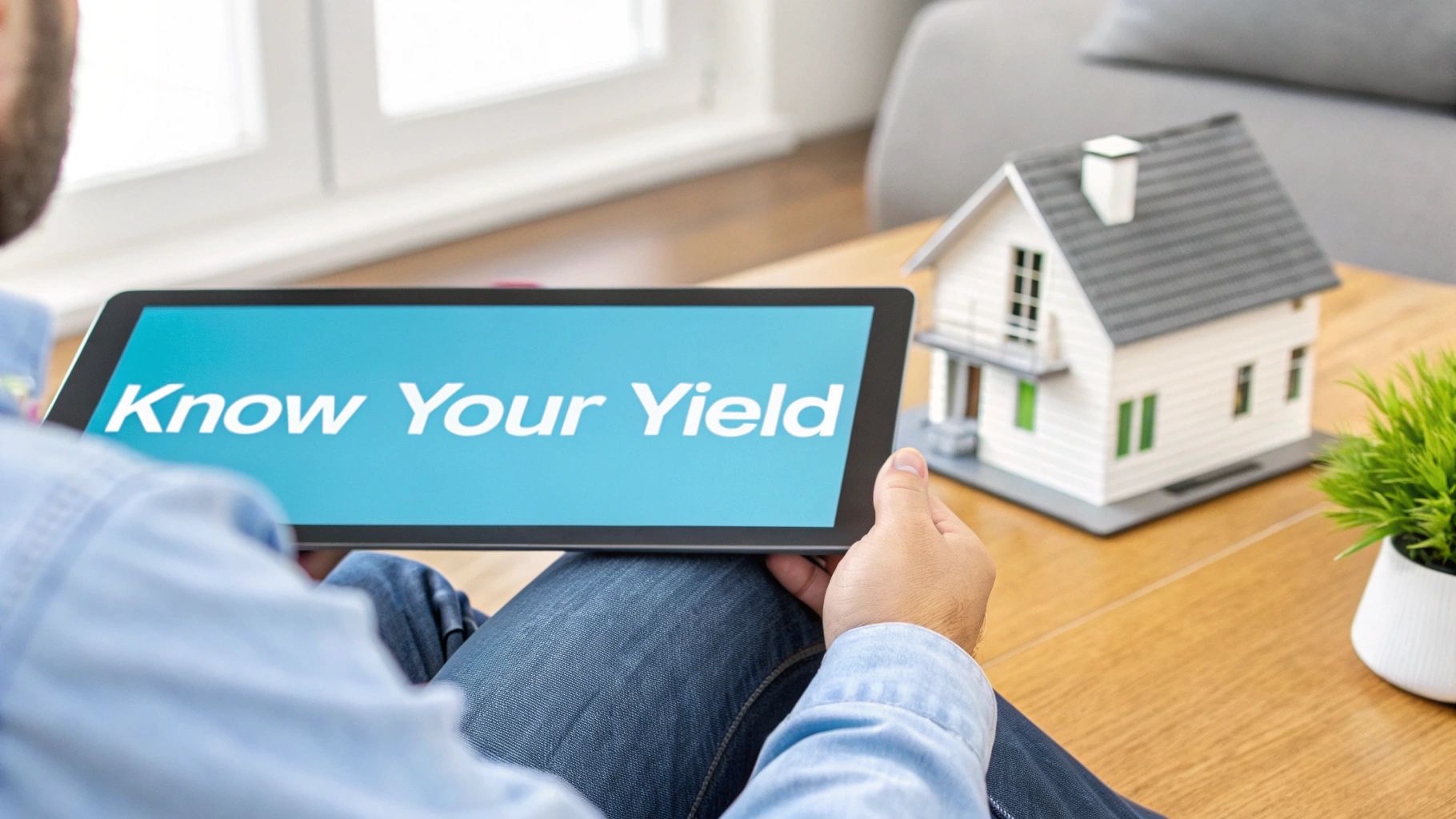 A hand holding a small house model over a calculator, symbolizing property investment calculations