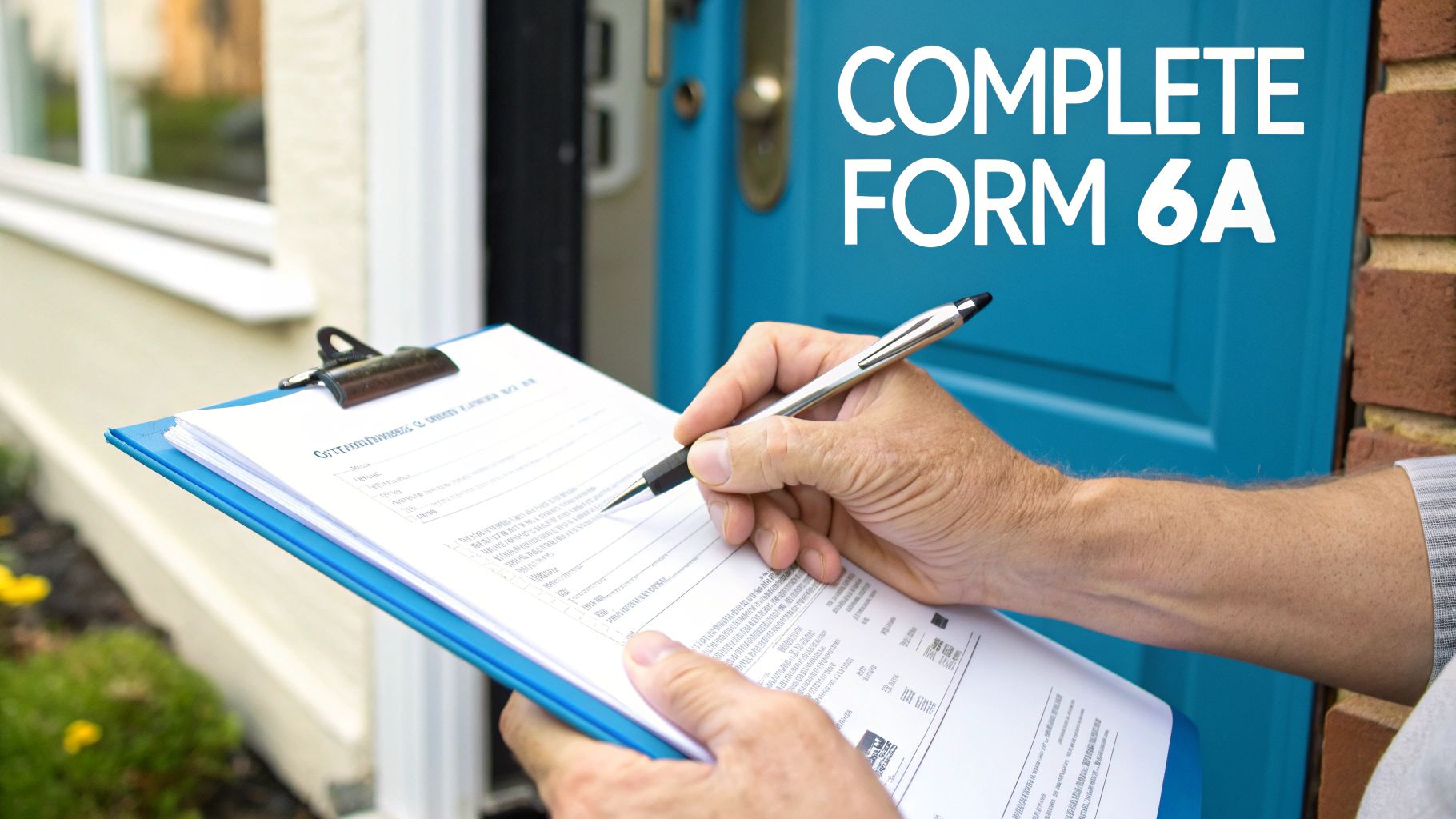 Hands writing on a form on a clipboard, titled 'COMPLETE FORM 6A', in front of a blue door.