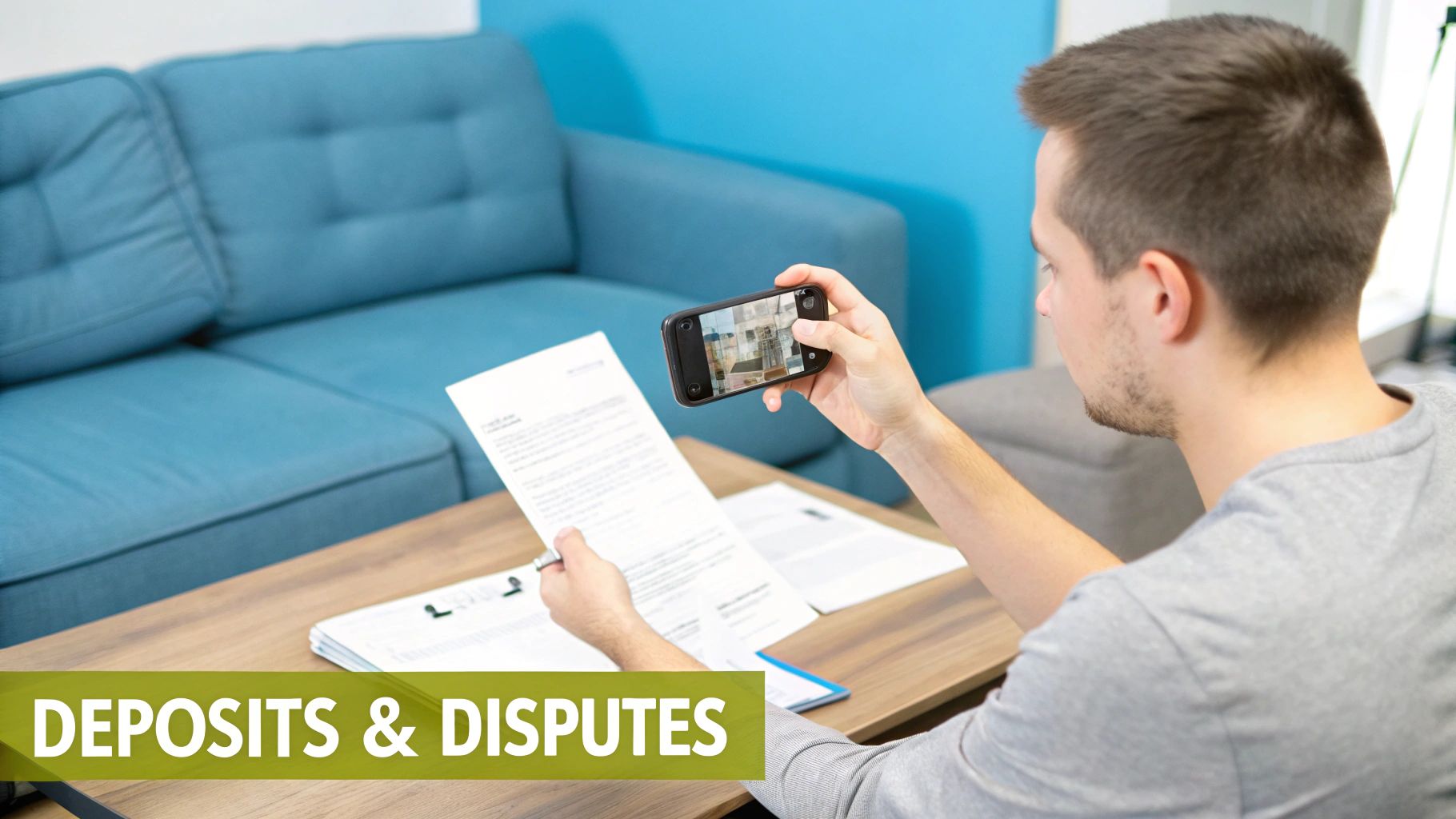 A man uses his smartphone to scan a document related to deposits and disputes.
