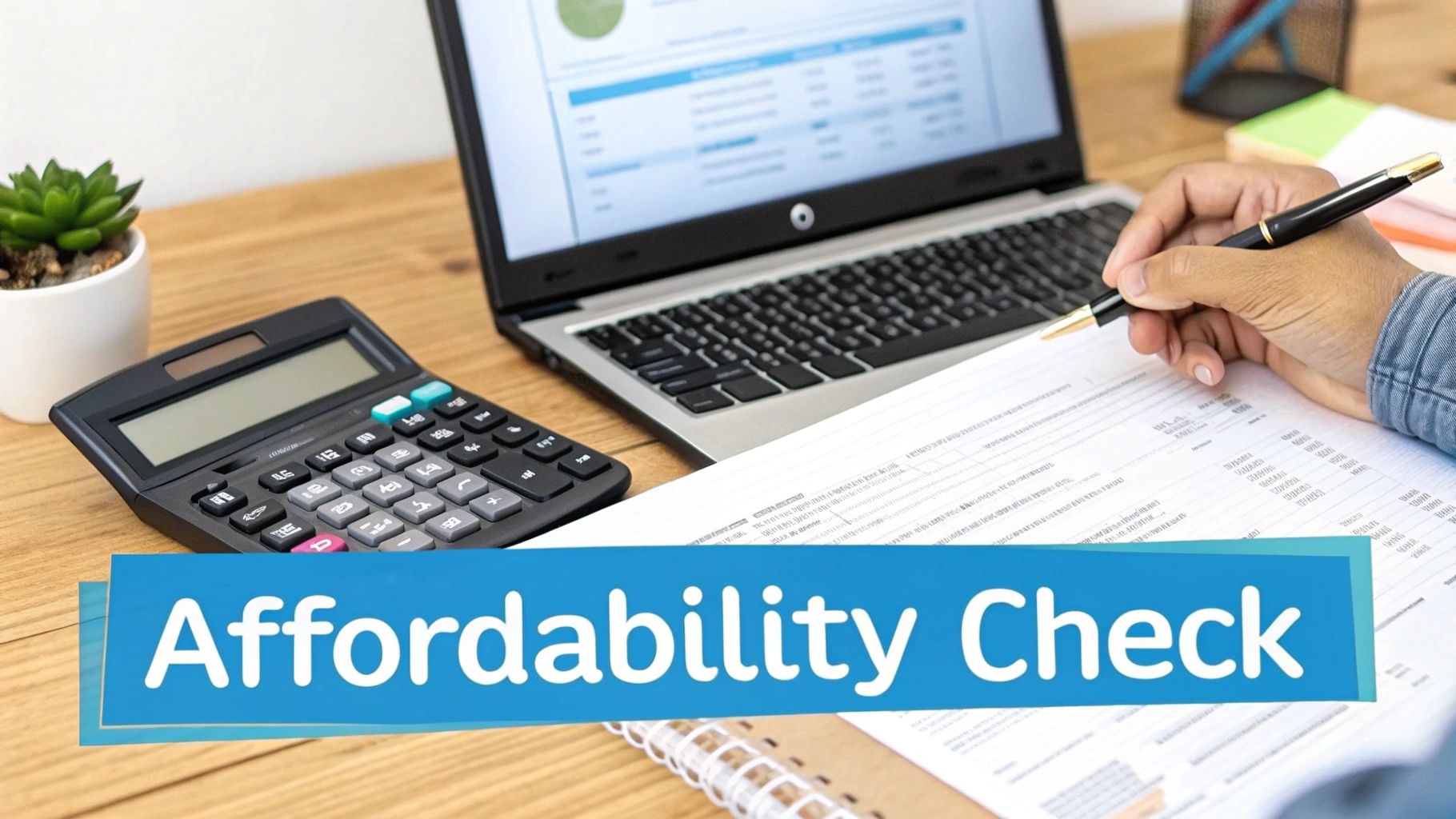 A person doing an affordability check, writing on a document with a calculator and laptop on a wooden desk.