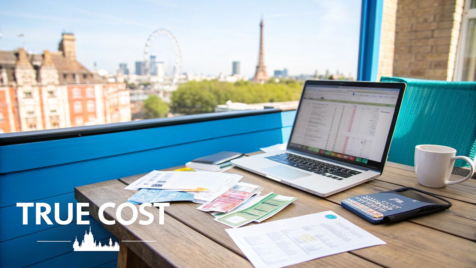 Laptop displaying spreadsheet with financial documents and calculator on outdoor London terrace workspace