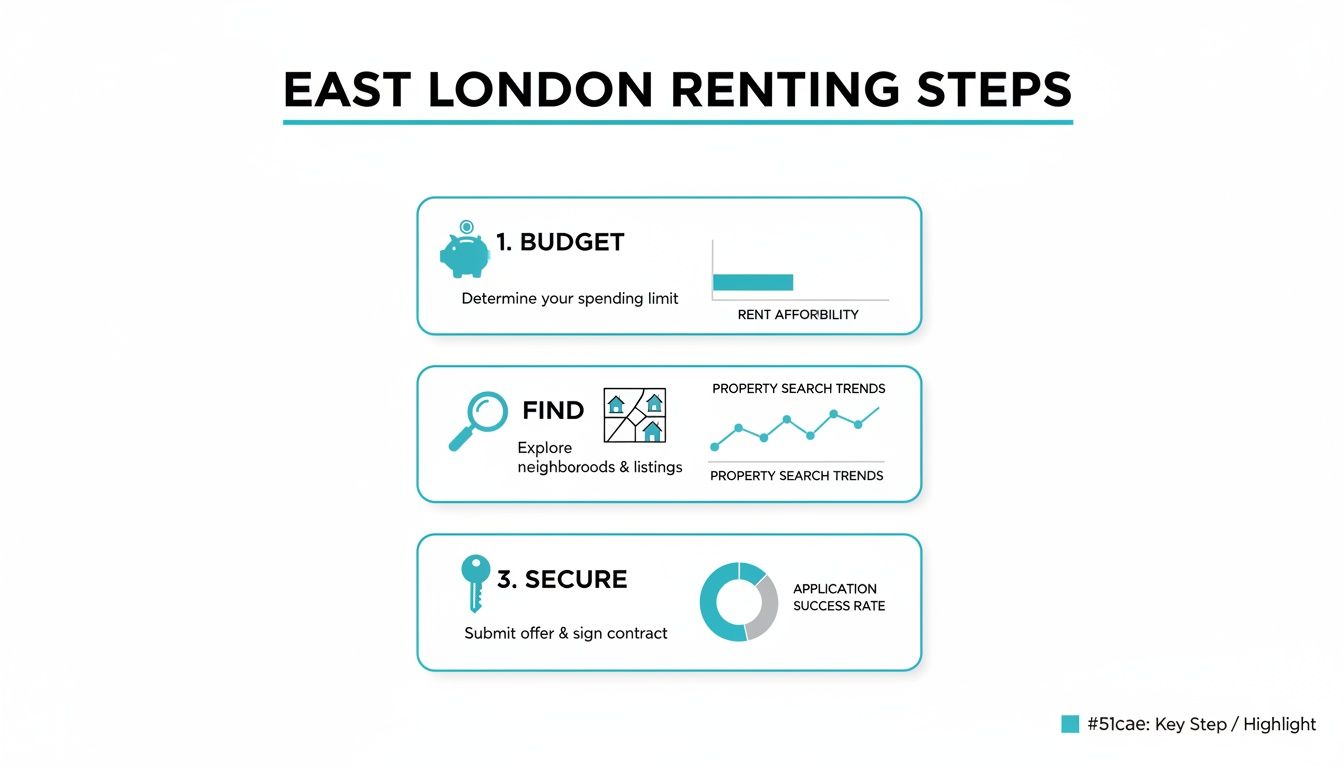 Infographic illustrating three key steps for renting property in East London: budget, find, and secure.