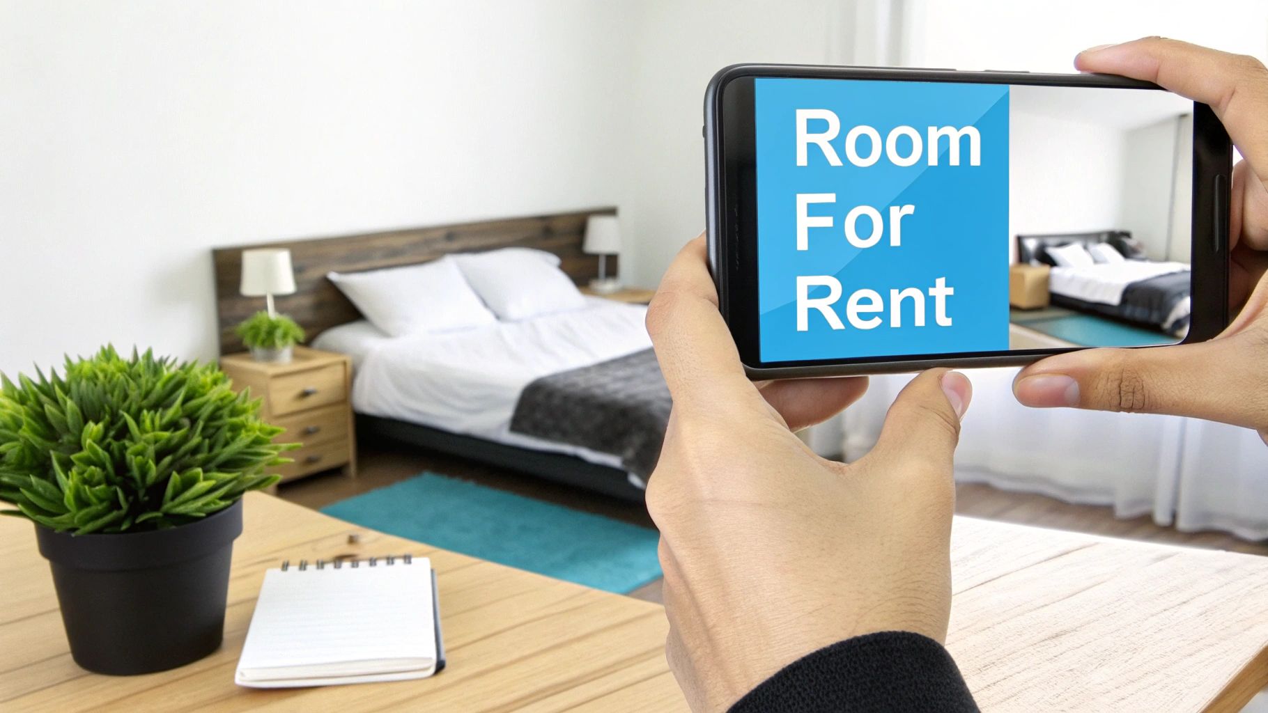 A person taking a well-lit photo of a clean and tidy bedroom on their smartphone for an online advert.