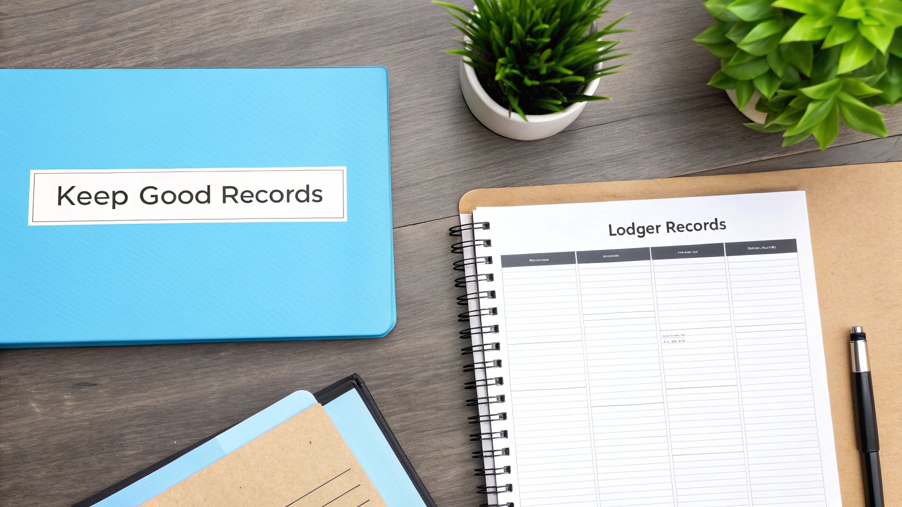 Overhead view of a desk with a blue 'Keep Good Records' binder and a 'Lodger Records' notebook, pen, and plants.