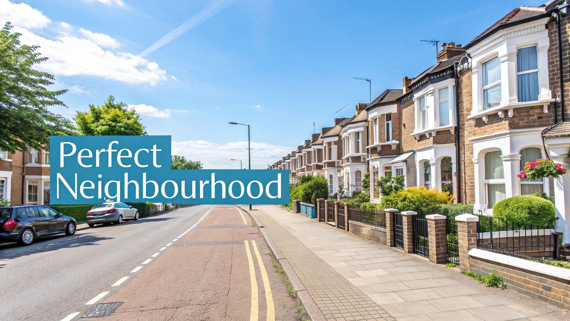 A picturesque residential street featuring classic Victorian terraced houses under a bright blue sky.