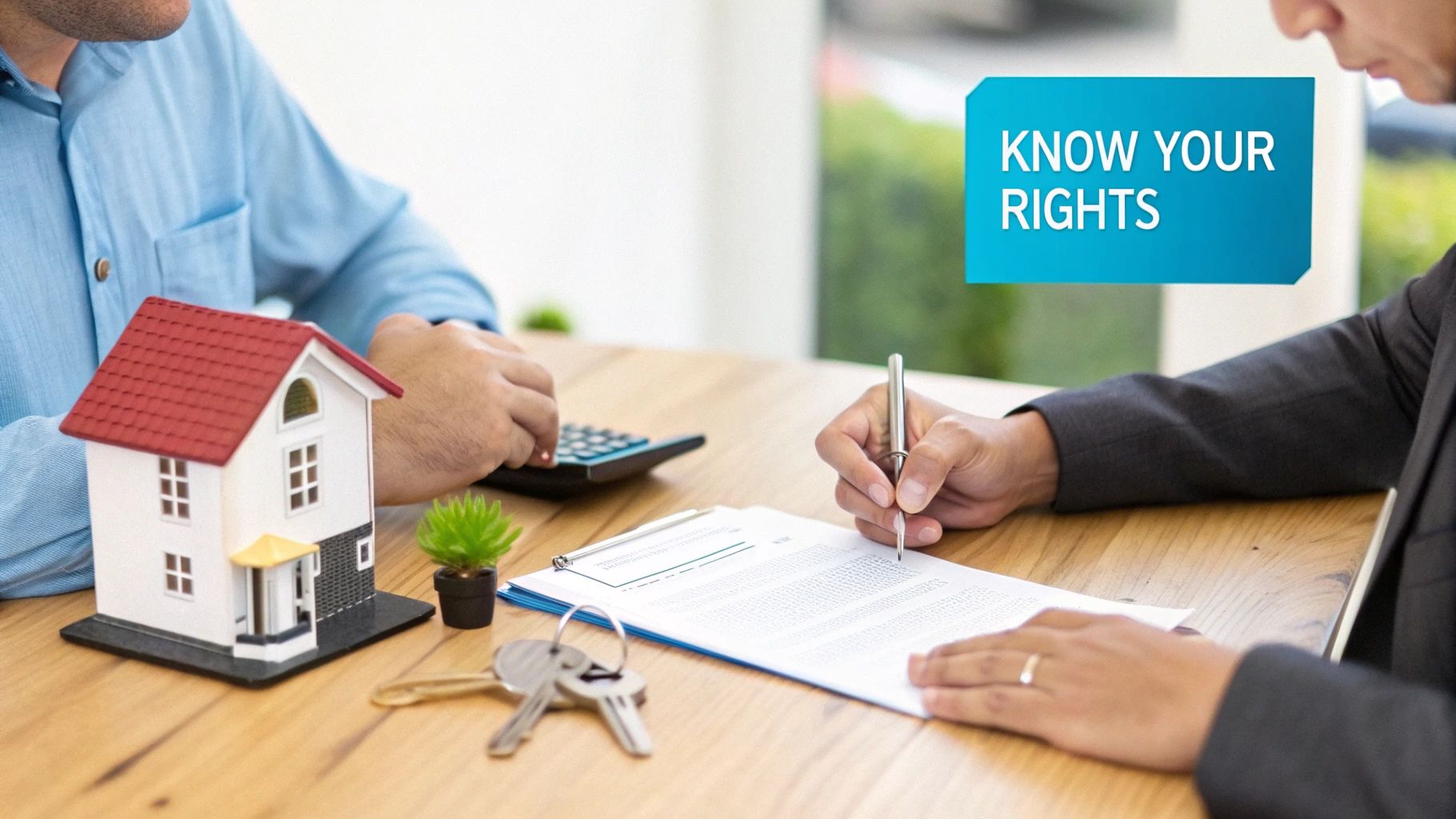 Two people sign a property contract, with a model house and keys on a table, highlighting real estate rights.