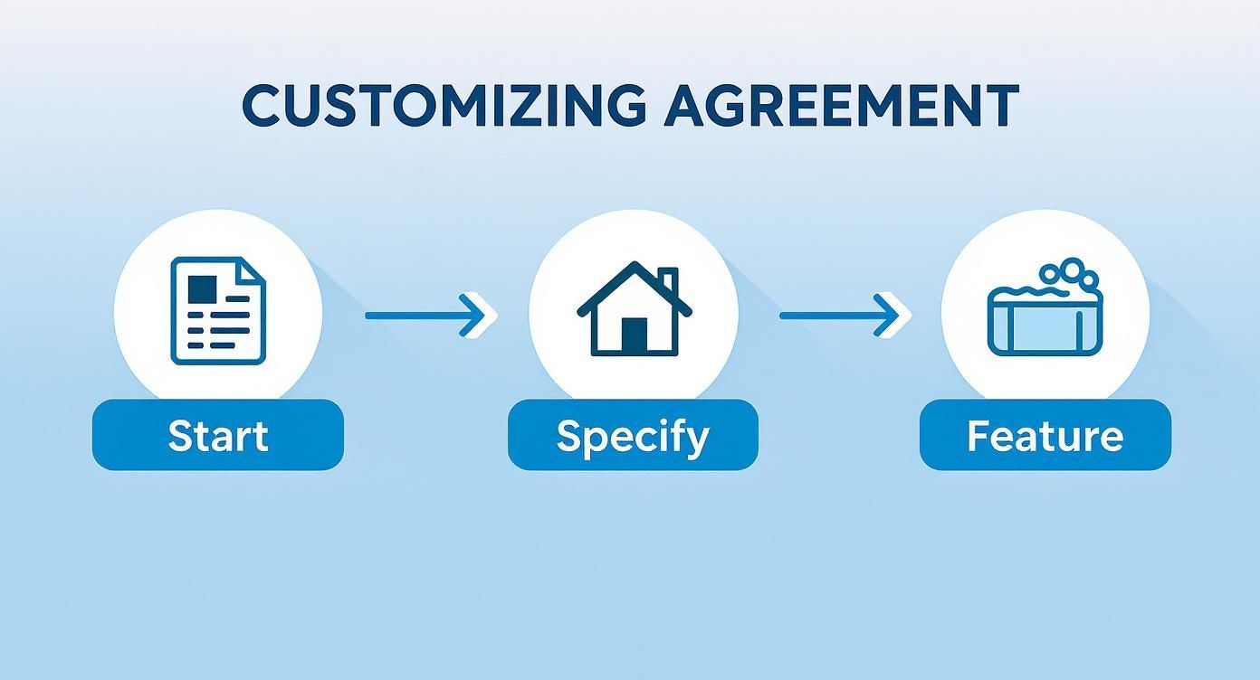 A three-step process for customizing an agreement, showing Start (document), Specify (house), and Feature (bathtub) icons.