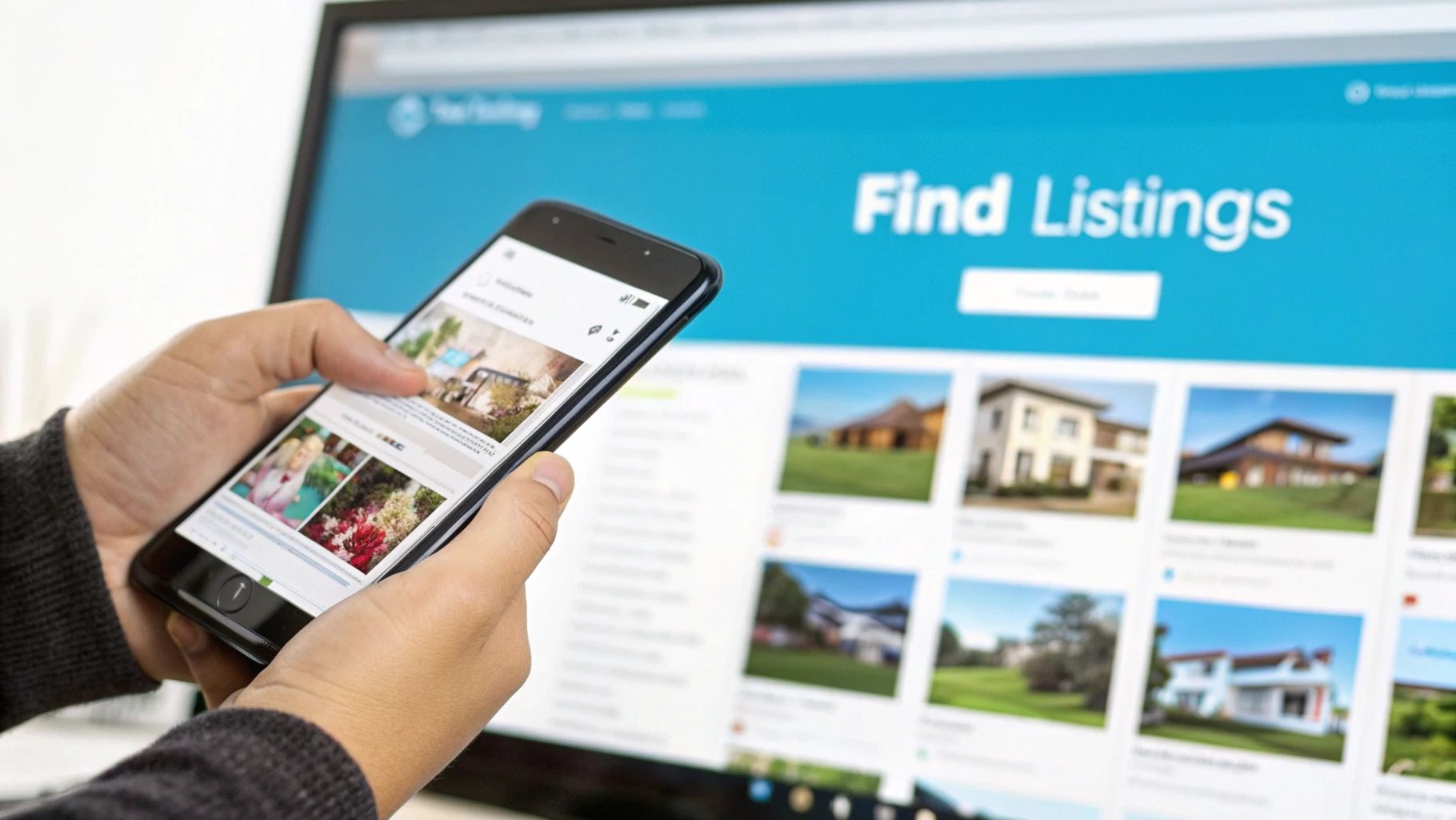 Hands holding a smartphone viewing content, with a computer screen displaying real estate listings in the background.
