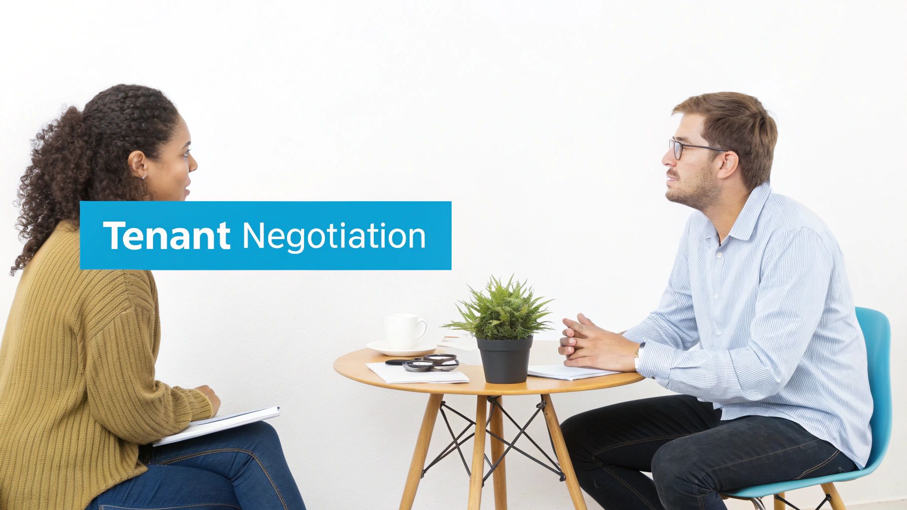 Two people, a man and a woman, sit at a table, discussing in a 'Tenant Negotiation'.